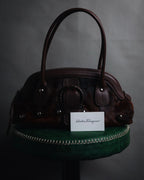 –SPECIAL– "Salvatore Ferragamo" 00’s calf hair gancini rattan accent handbag