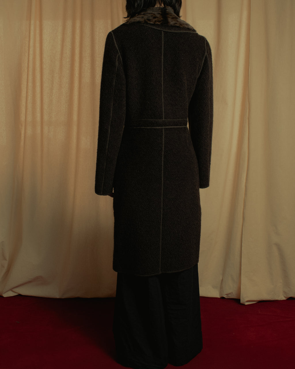 "FENDI" 90’s-00’s Sculptural belted leopard cat fur collar alpaca coat