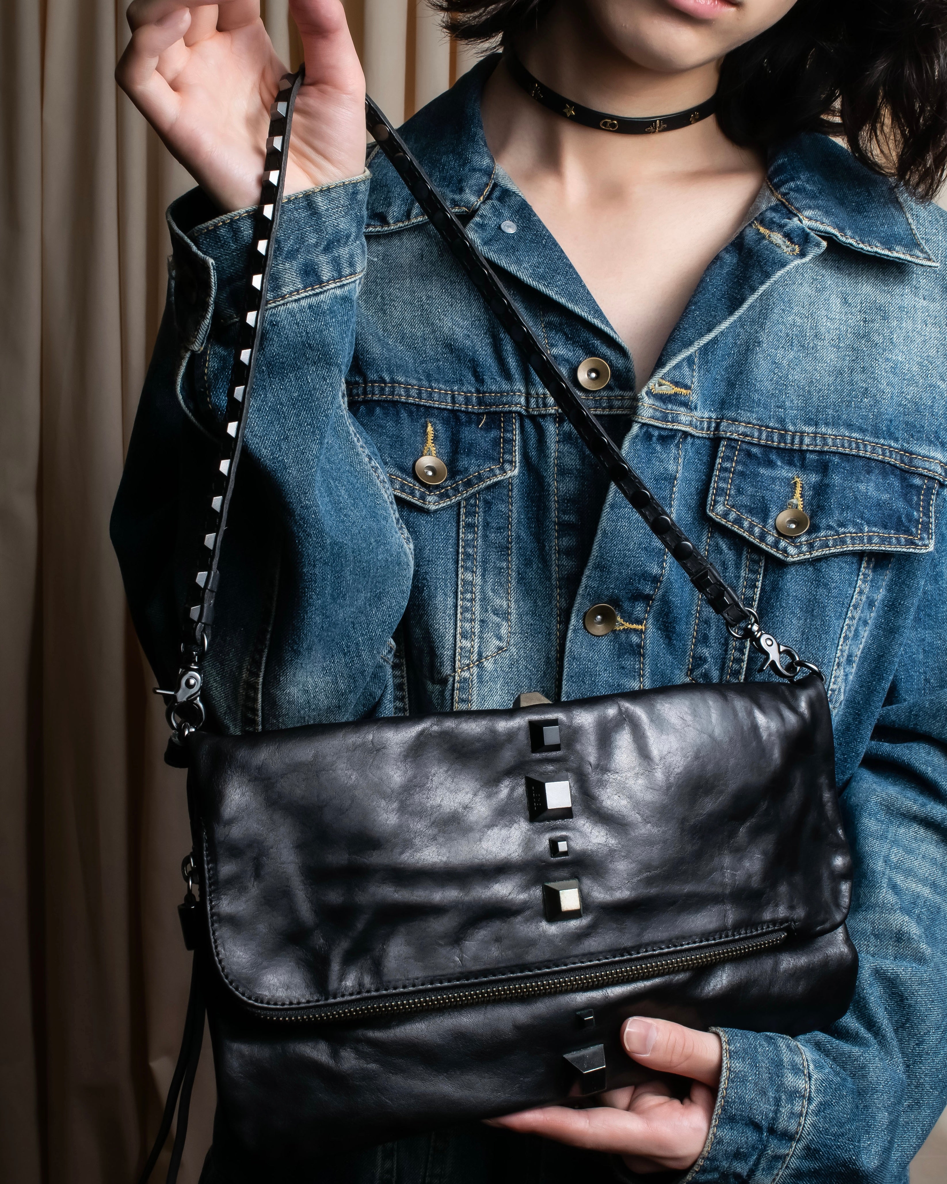 "DIESEL" Silver stud design leather one shoulder bag
