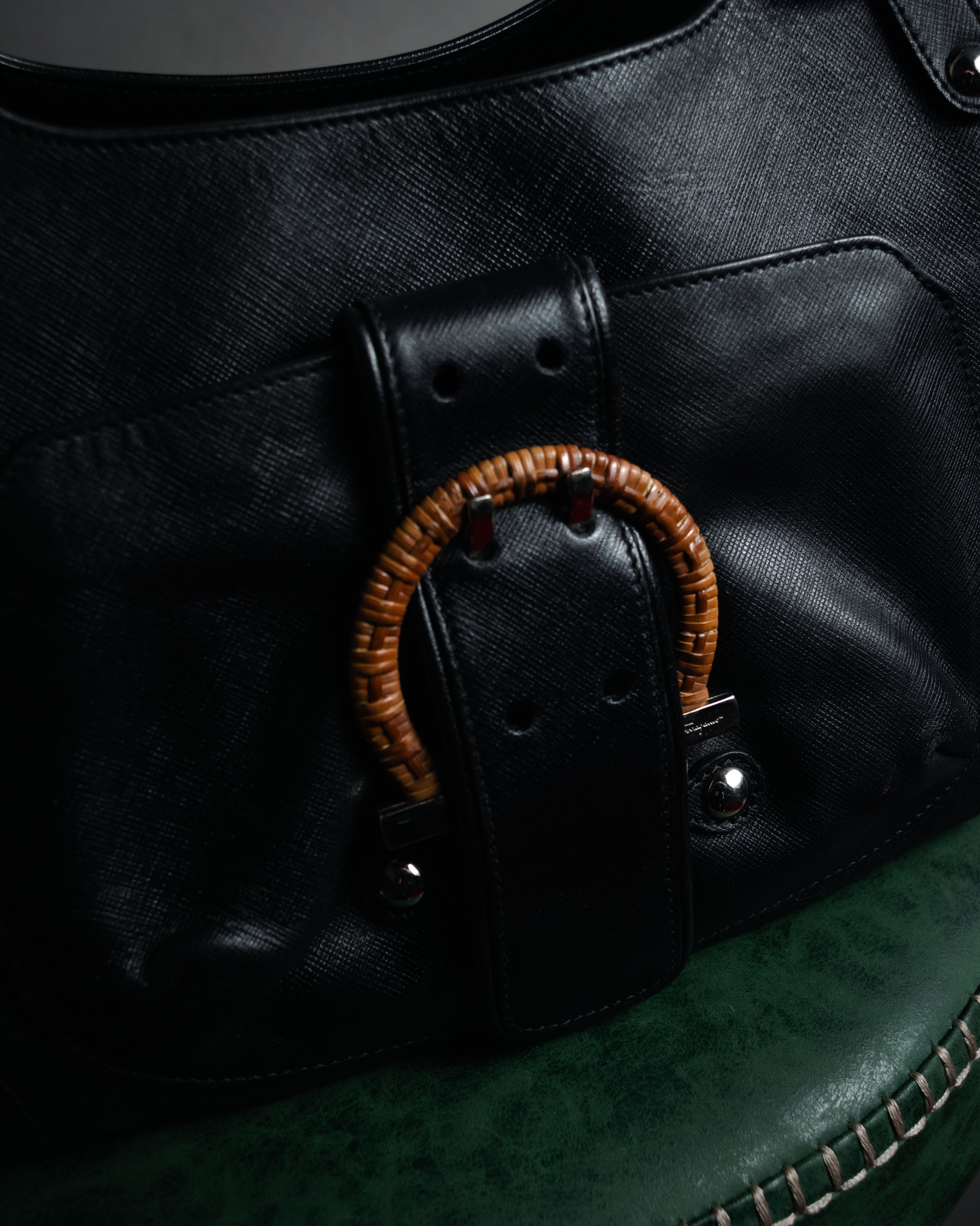 “Salvatore Ferragamo” 90’s-00’s wicker gancini leather handbag