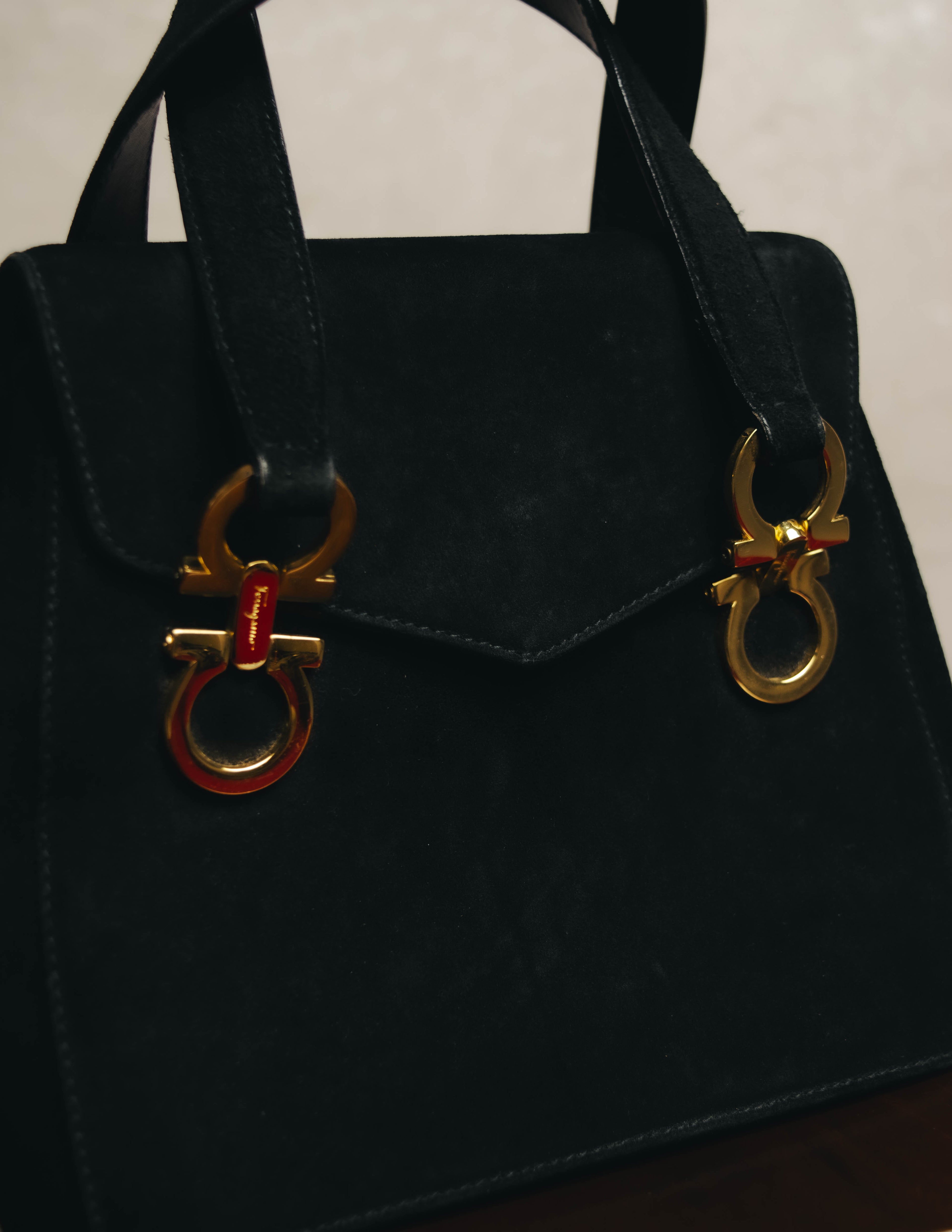 "Salvatore Ferragamo" 90's Black suede top handle handbag