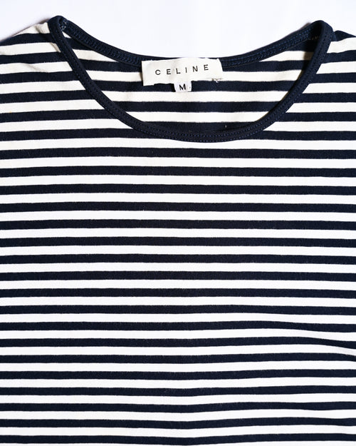 CÉLINE/ Classical Tight Fit Crew Neck Striped Top Navy × White