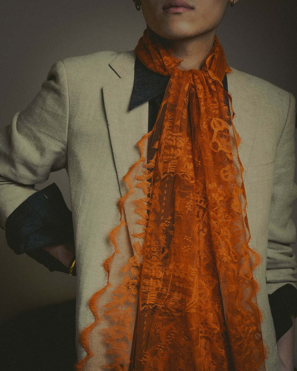 -SPECIAL- “HERMÈS” 2000’s-2010’s orange floral mesh lace stole