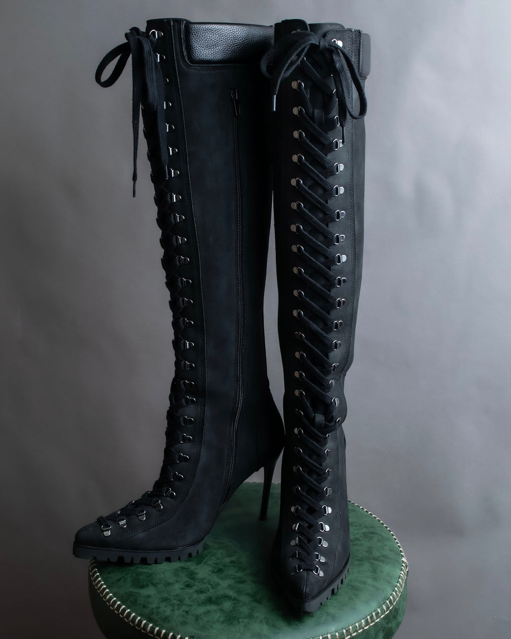 "YELLO" Lace up suede like stiletto heel knee-high boots