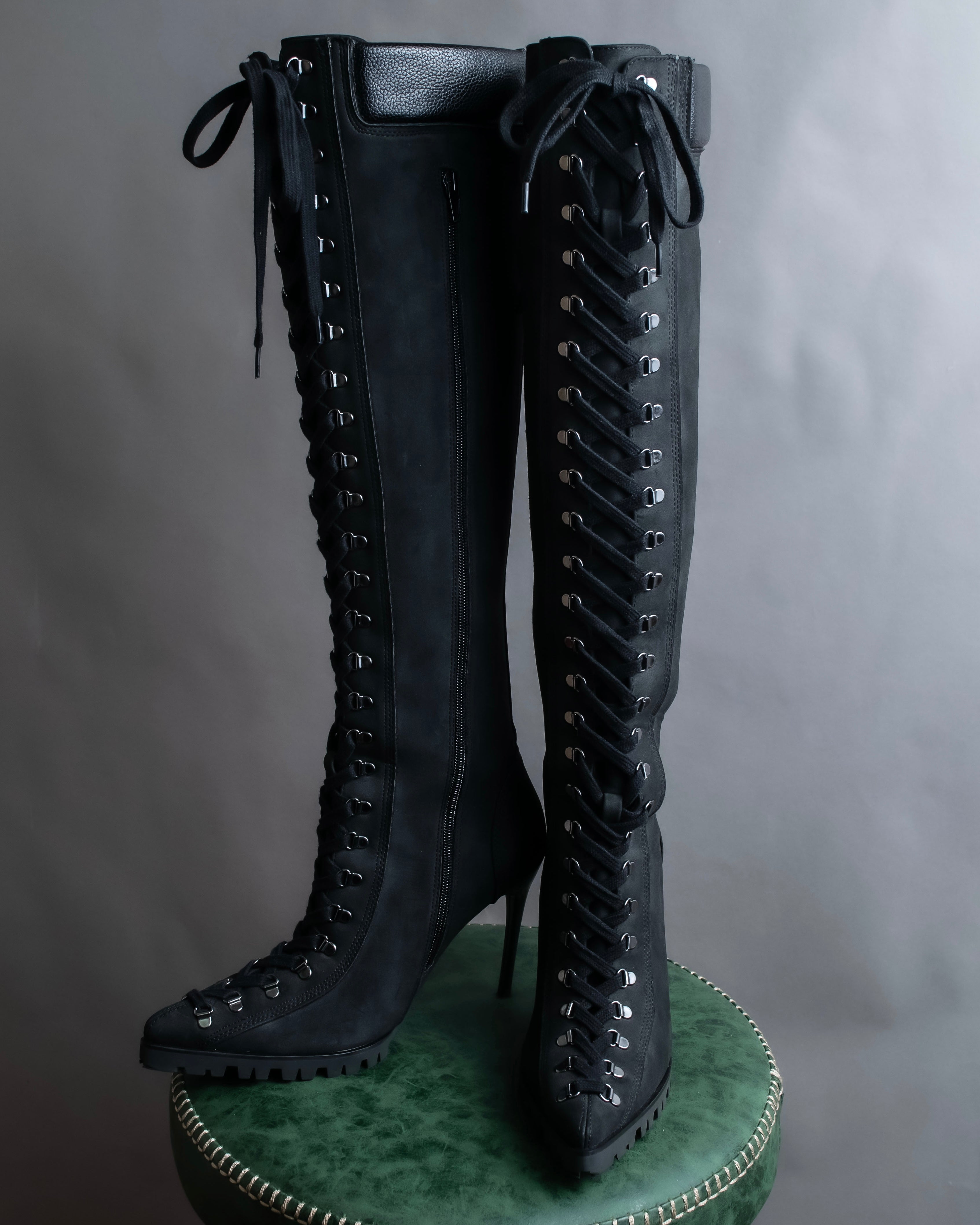 "YELLO" Lace up suede like stiletto heel knee-high boots