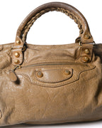 BALENCIAGA/ “Giant City” Gold Studs 2 Way Handbag Beige