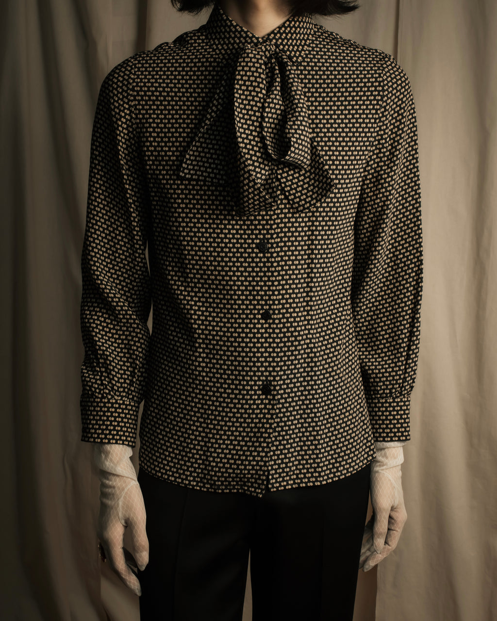 "Christian Dior PRETA PORTER" Ivory polka dot bow tie blouse