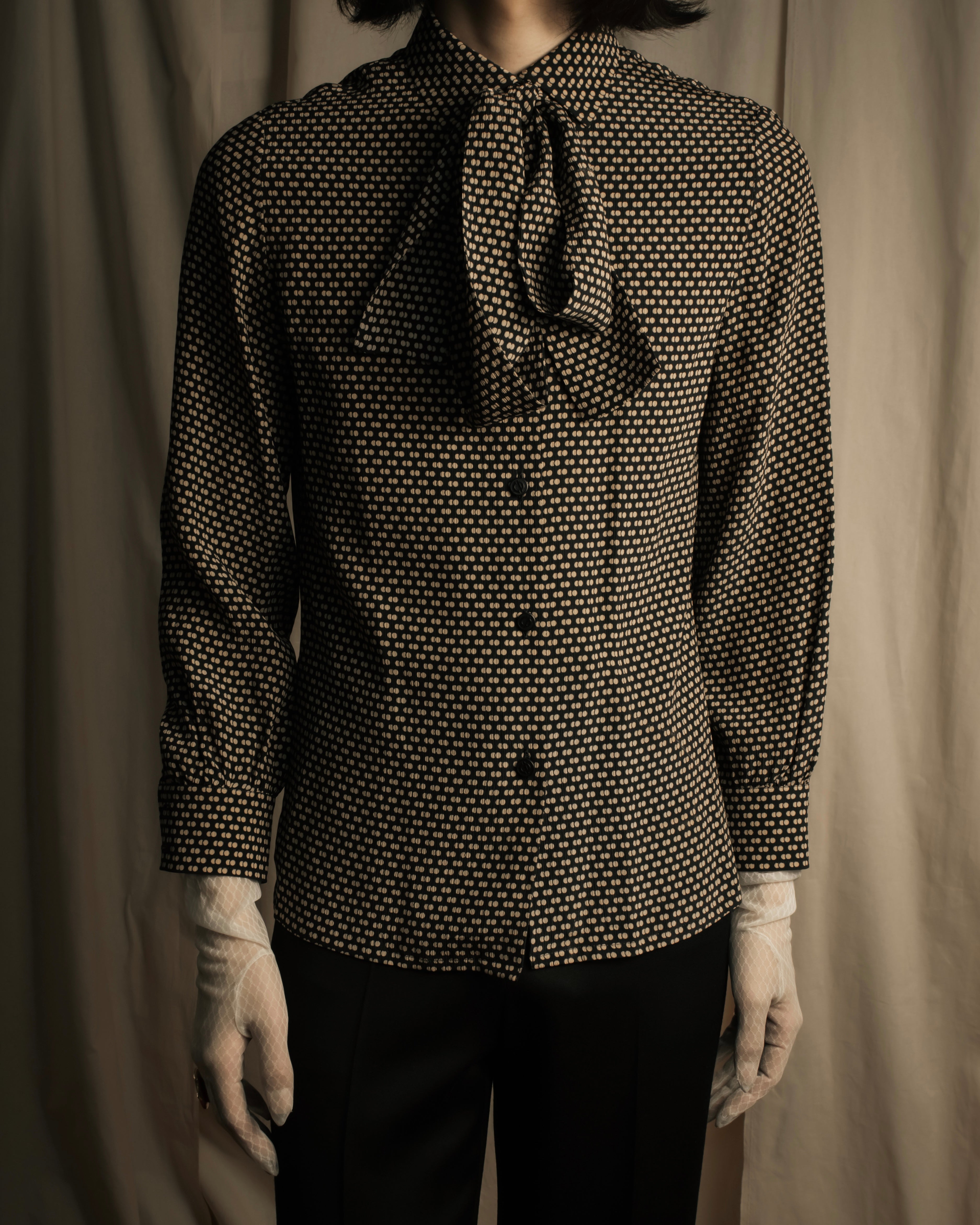 "Christian Dior PRETA PORTER" Ivory polka dot bow tie blouse