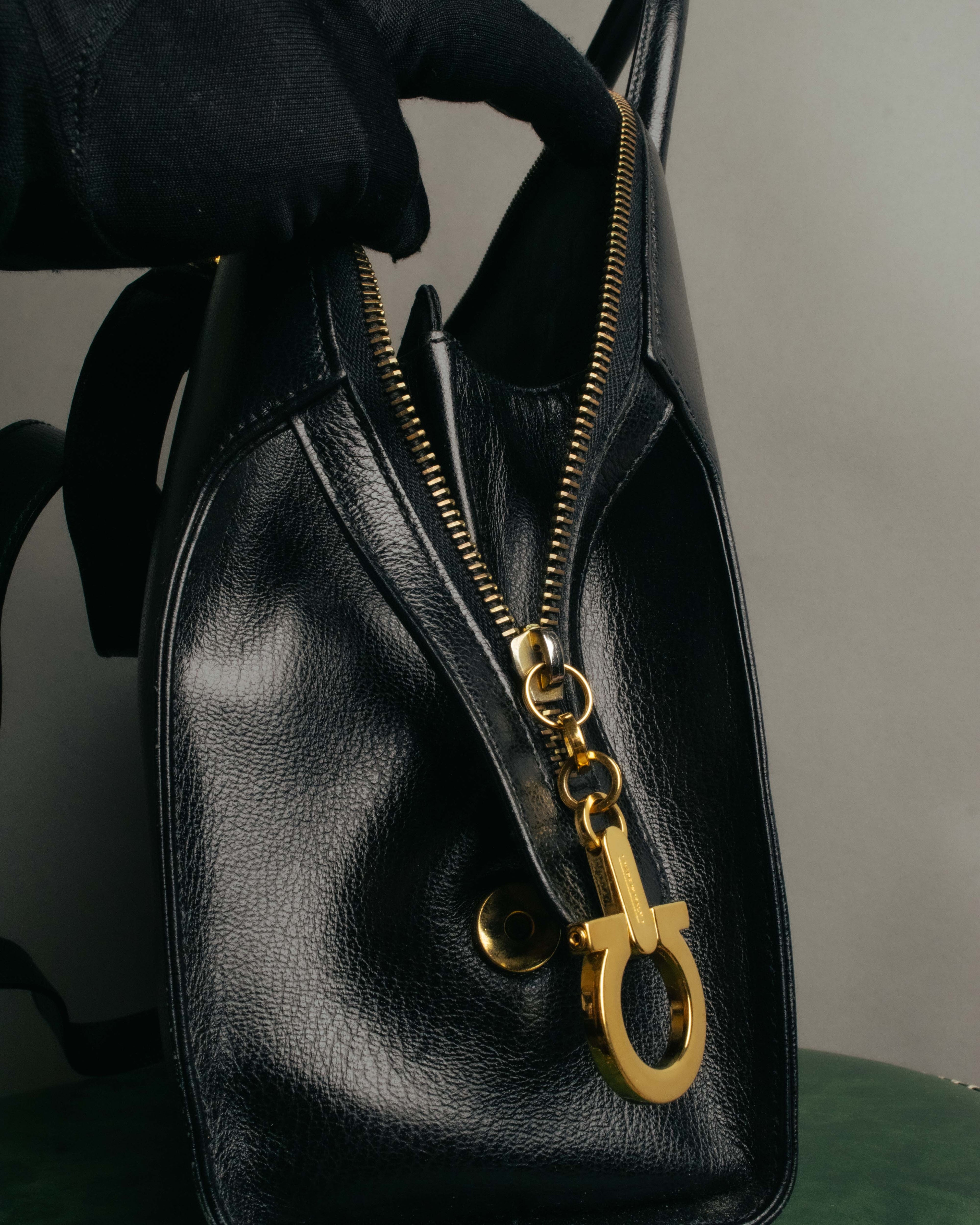 "Salvatore Ferragamo" 90's-00's Vintage iconic gancini pebbled leather dome top handle bag