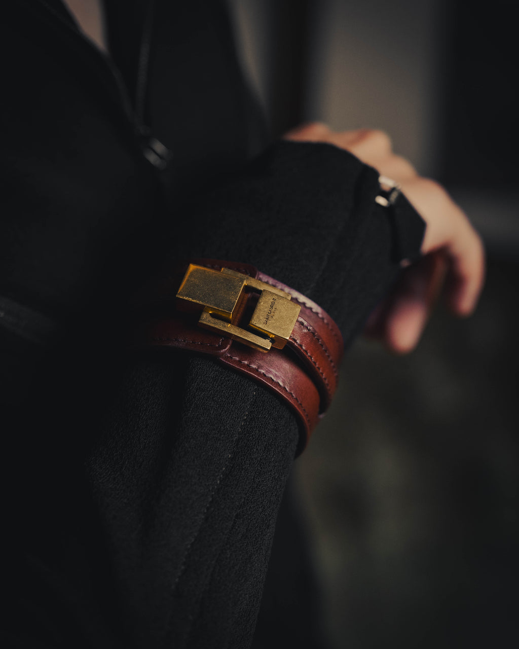 –SPECIAL– "Saint Laurent" 10's Burgundy leather wide cuff bracelet with antique gold buckle