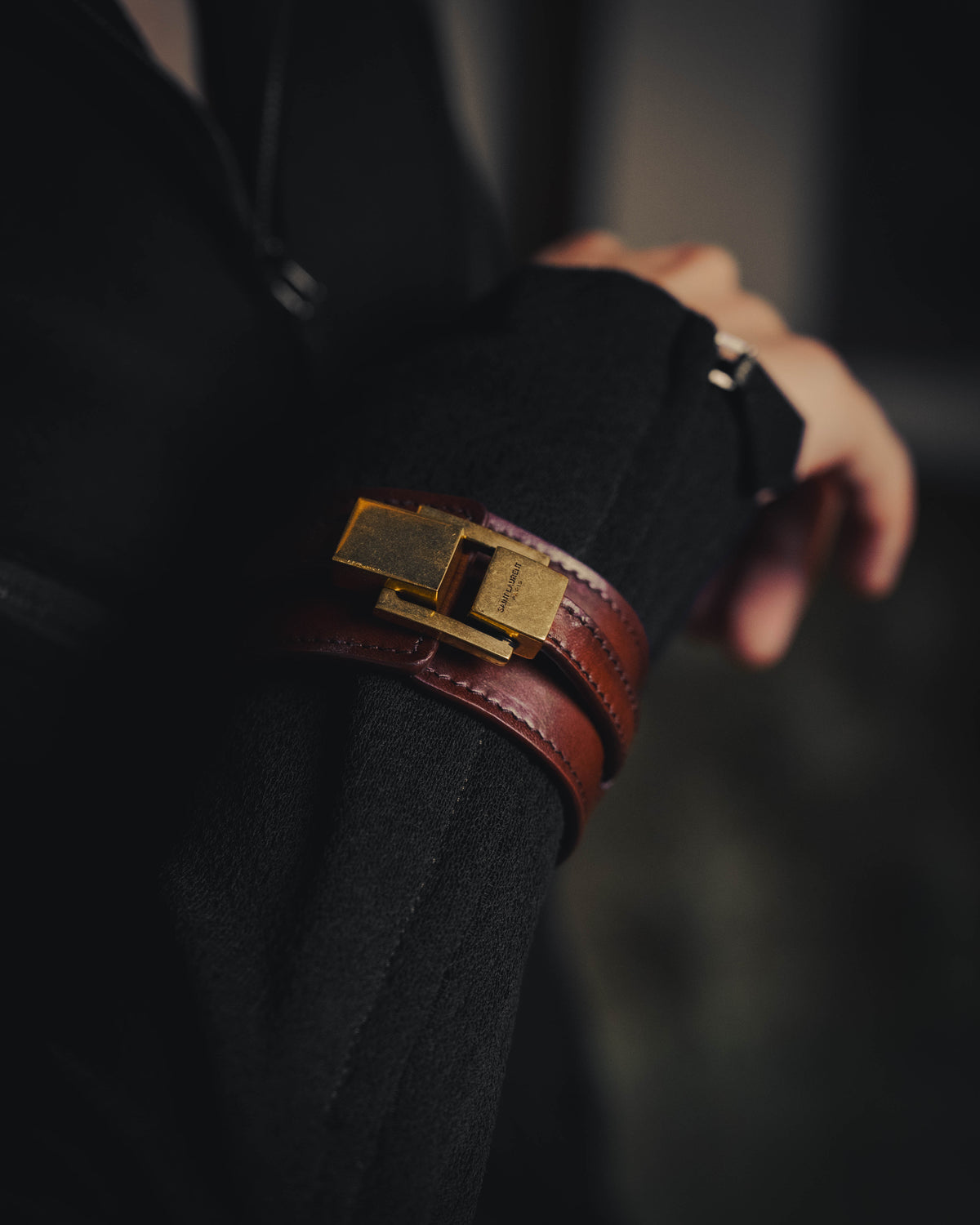 –SPECIAL– "Saint Laurent" 10's Burgundy leather wide cuff bracelet with antique gold buckle