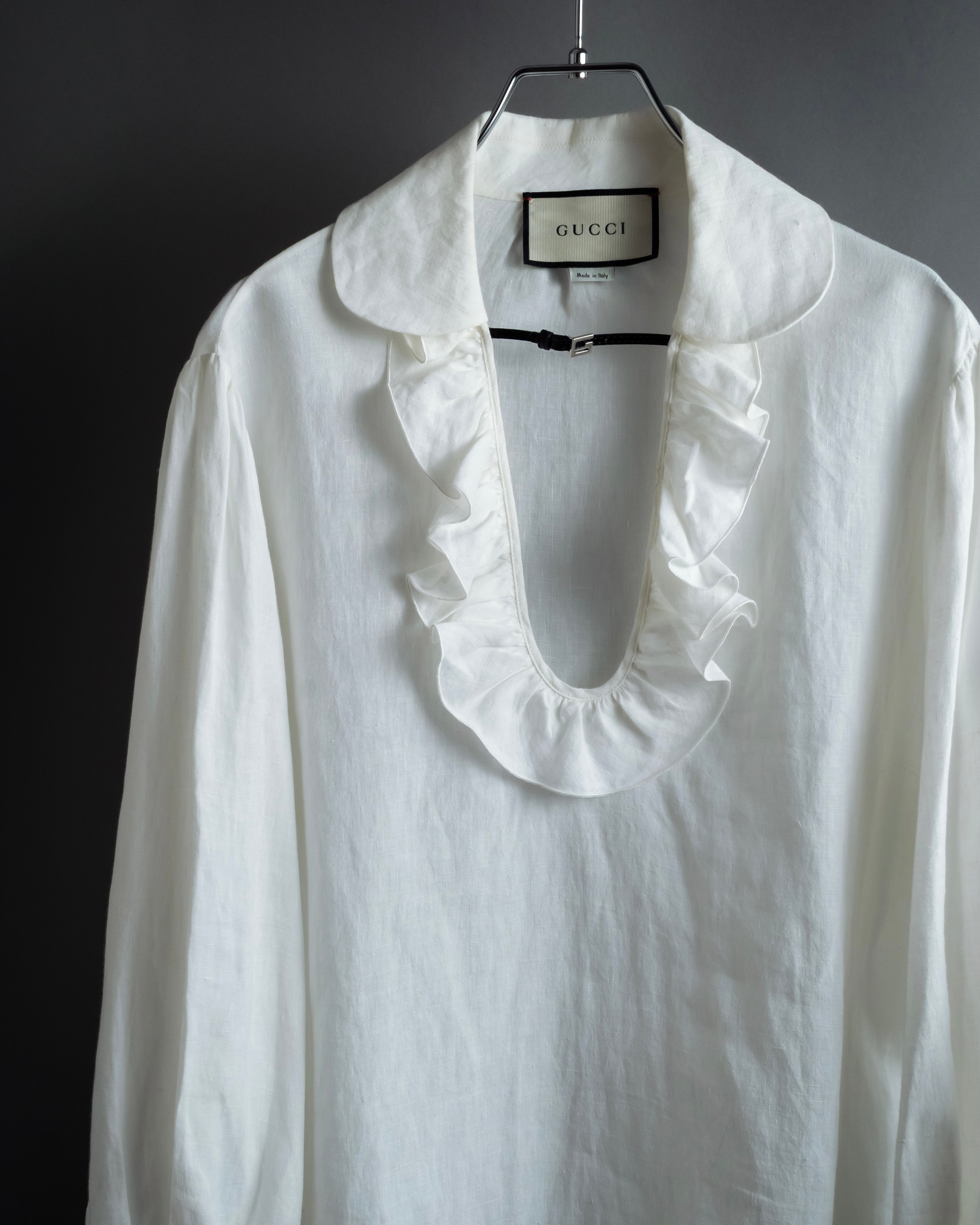 "GUCCI" Michele period ruffle round collar linen pullover shirt