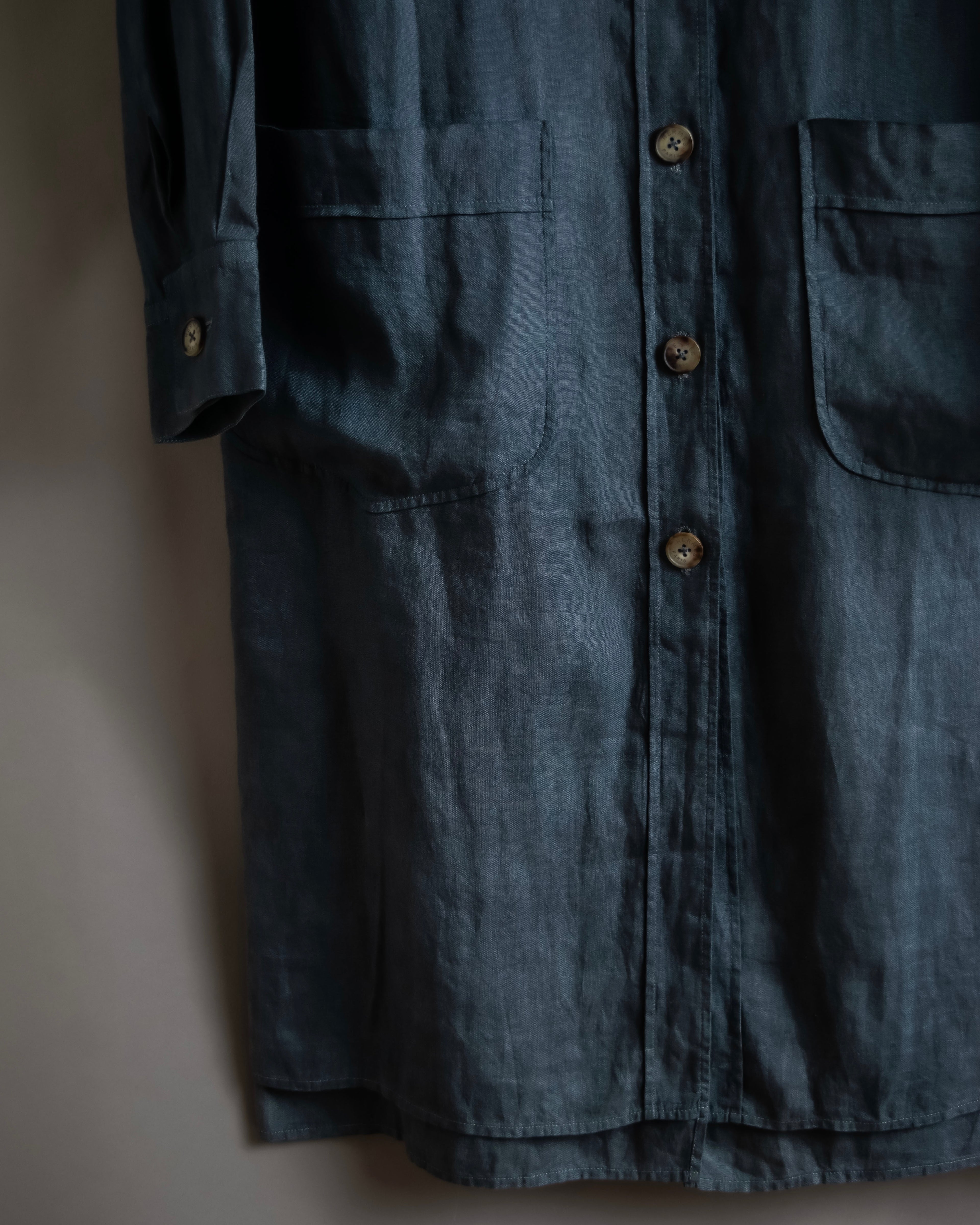 "HERMES" 90's Military detail linen long shirt dress