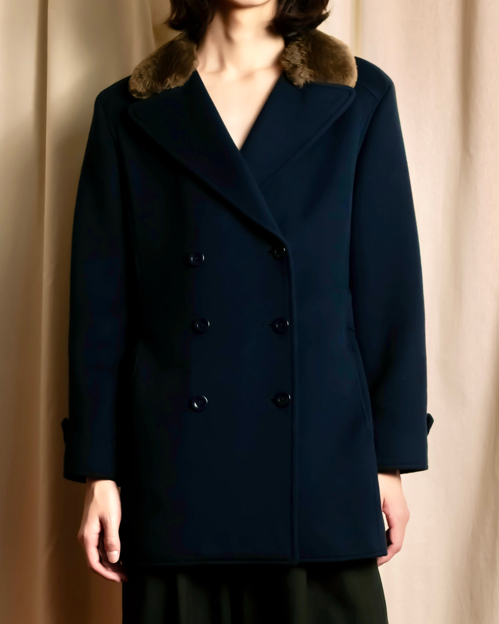"VALENTINO" Fur collar double-breasted wool coat