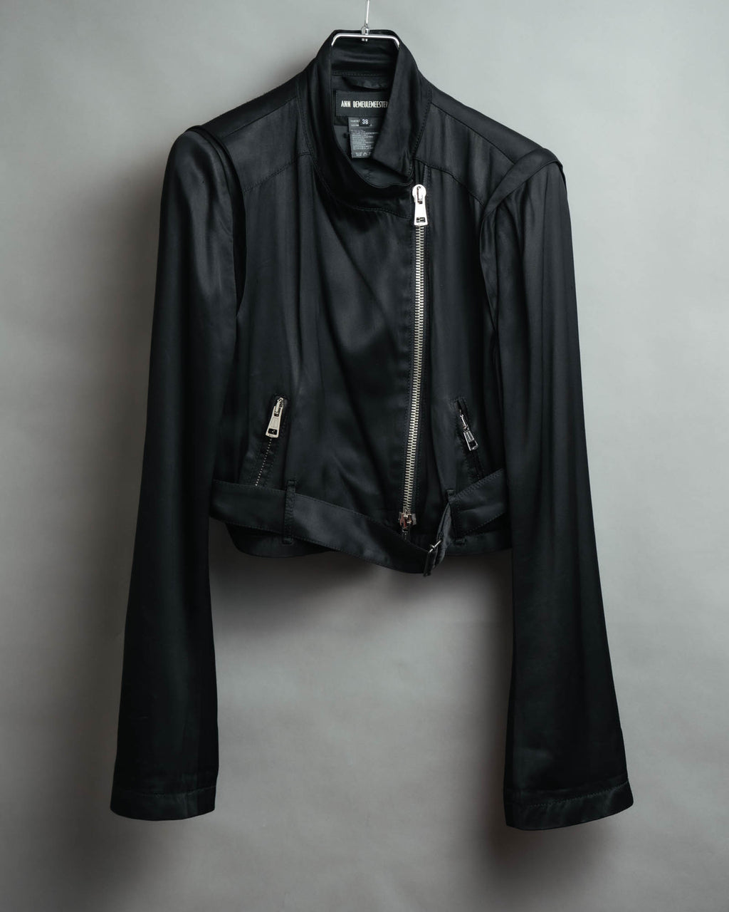 -SPECIAL- “ANN DEMEULEMEESTER” Pre-2012 asymmetric cropped satin biker jacket