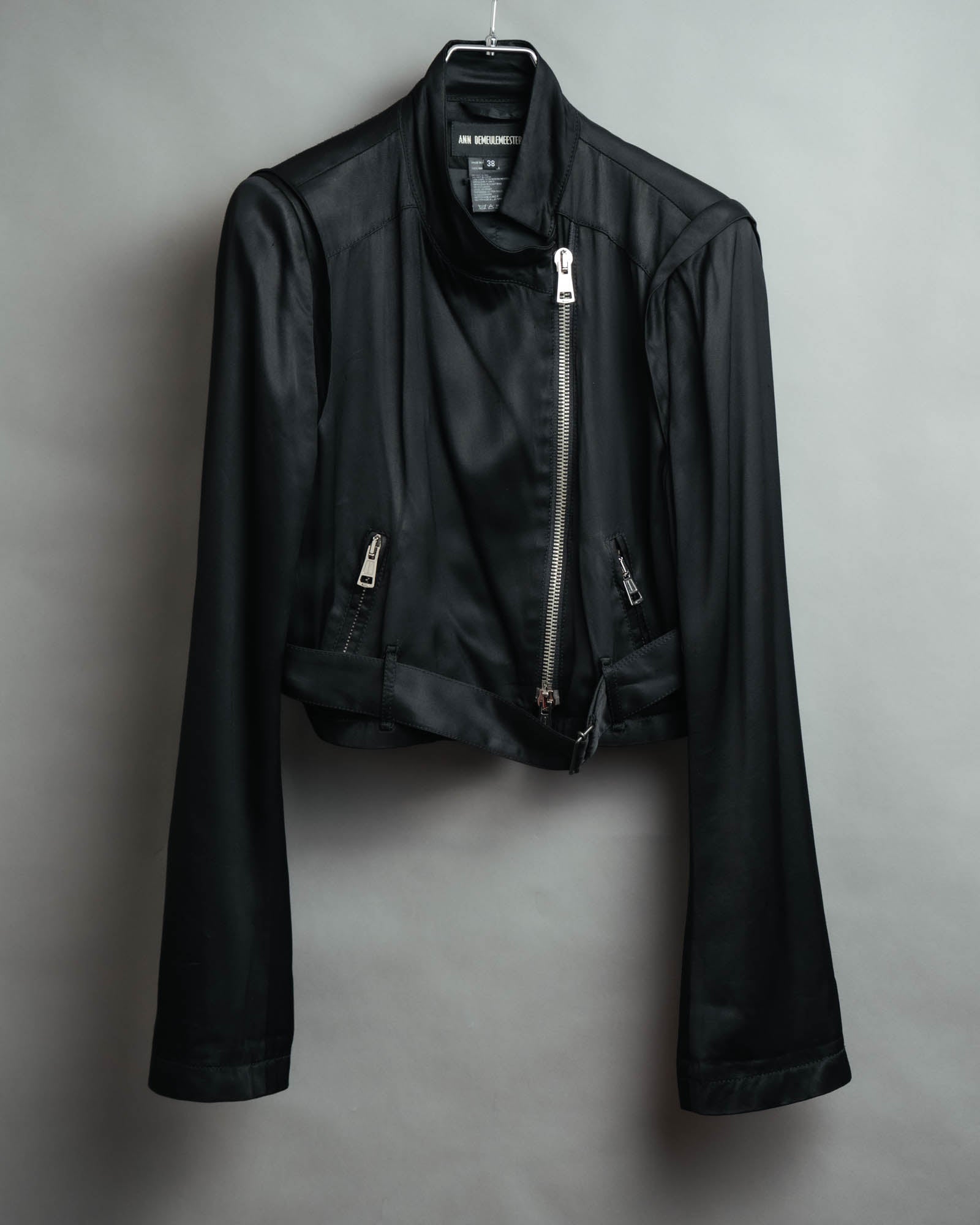 -SPECIAL- “ANN DEMEULEMEESTER” Pre-2012 asymmetric cropped satin biker jacket
