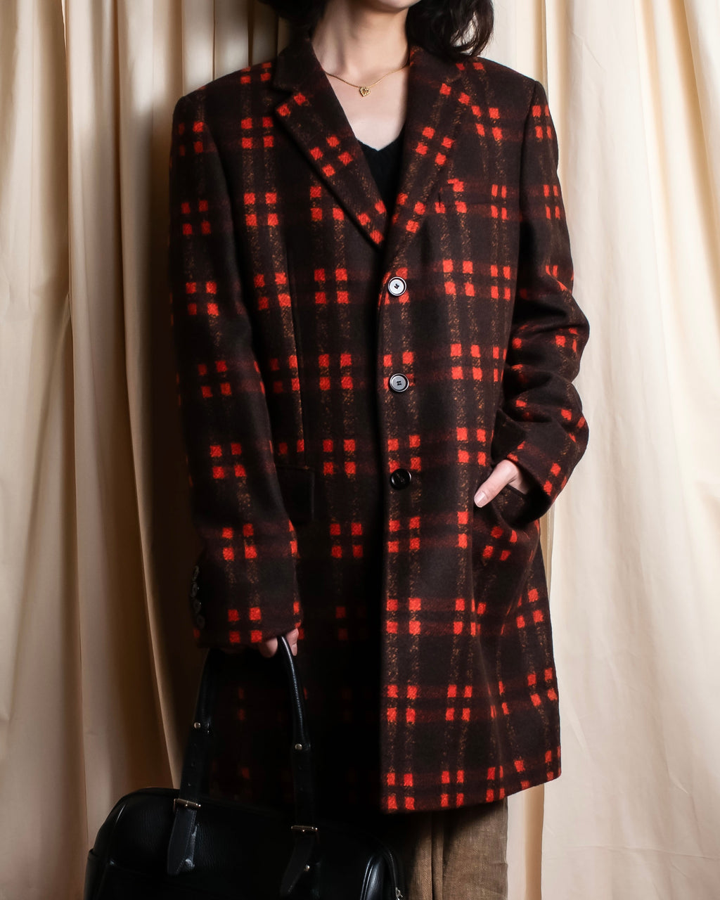"HUGO BOSS" Plaid brushed wool tailored coat