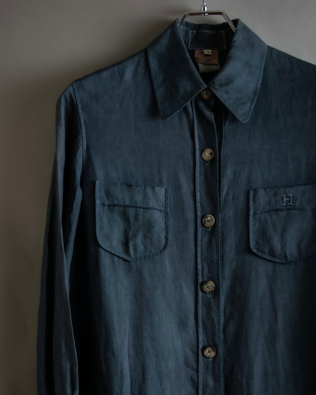 "HERMES" 90's Military detail linen long shirt dress