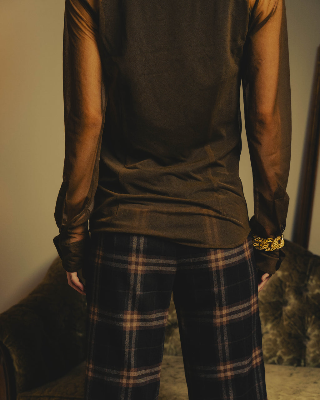 -SPECIAL- “Dries Van Noten” 20’s Sheer brown tailored long sleeve shirt