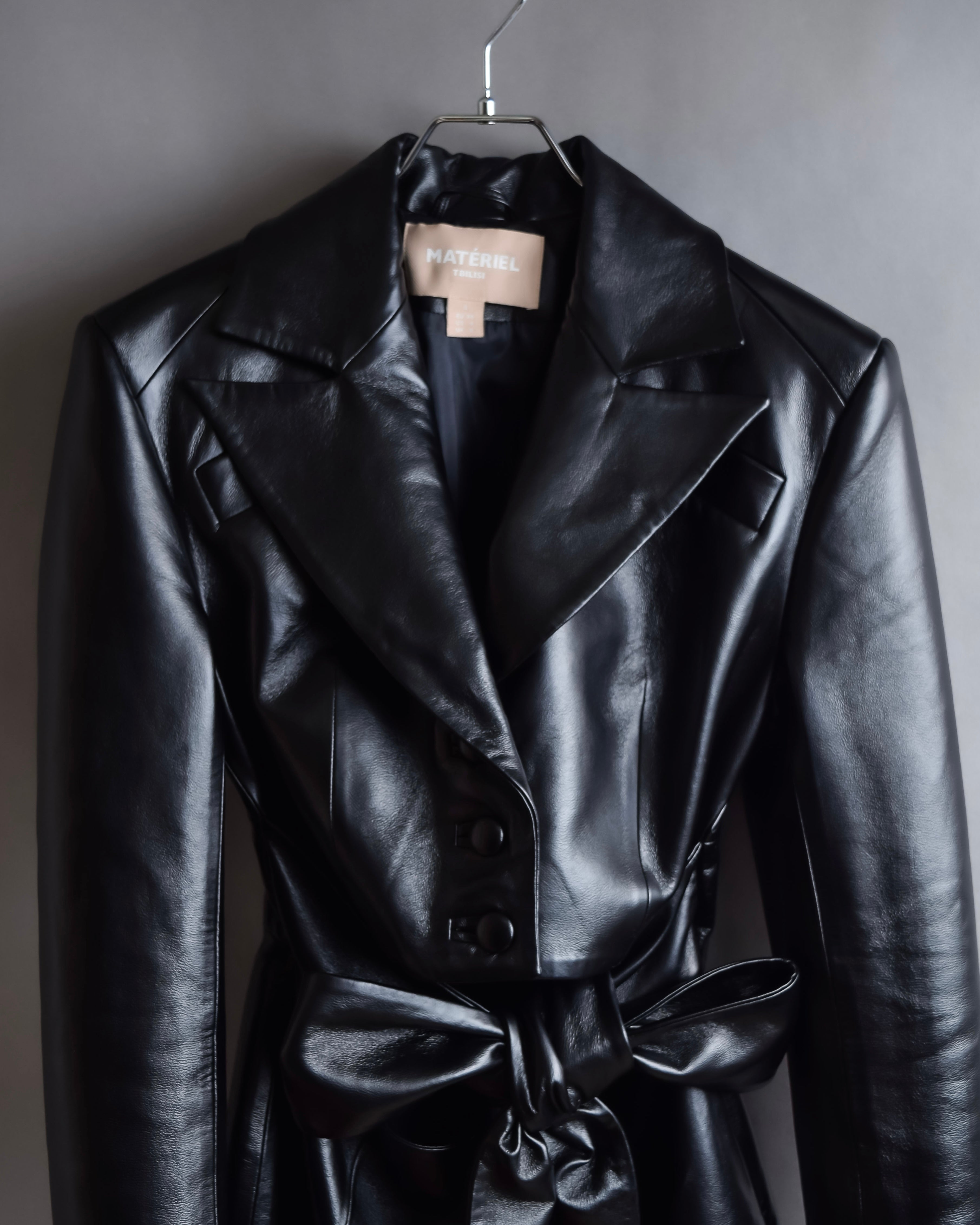 "MATÉRIEL TBILISI" Draped belted synthetic leather long jacket