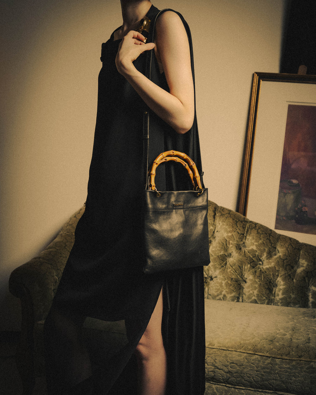 –SPECIAL– “JIL SANDER” 20’s Bamboo handle grained leather shopper bag