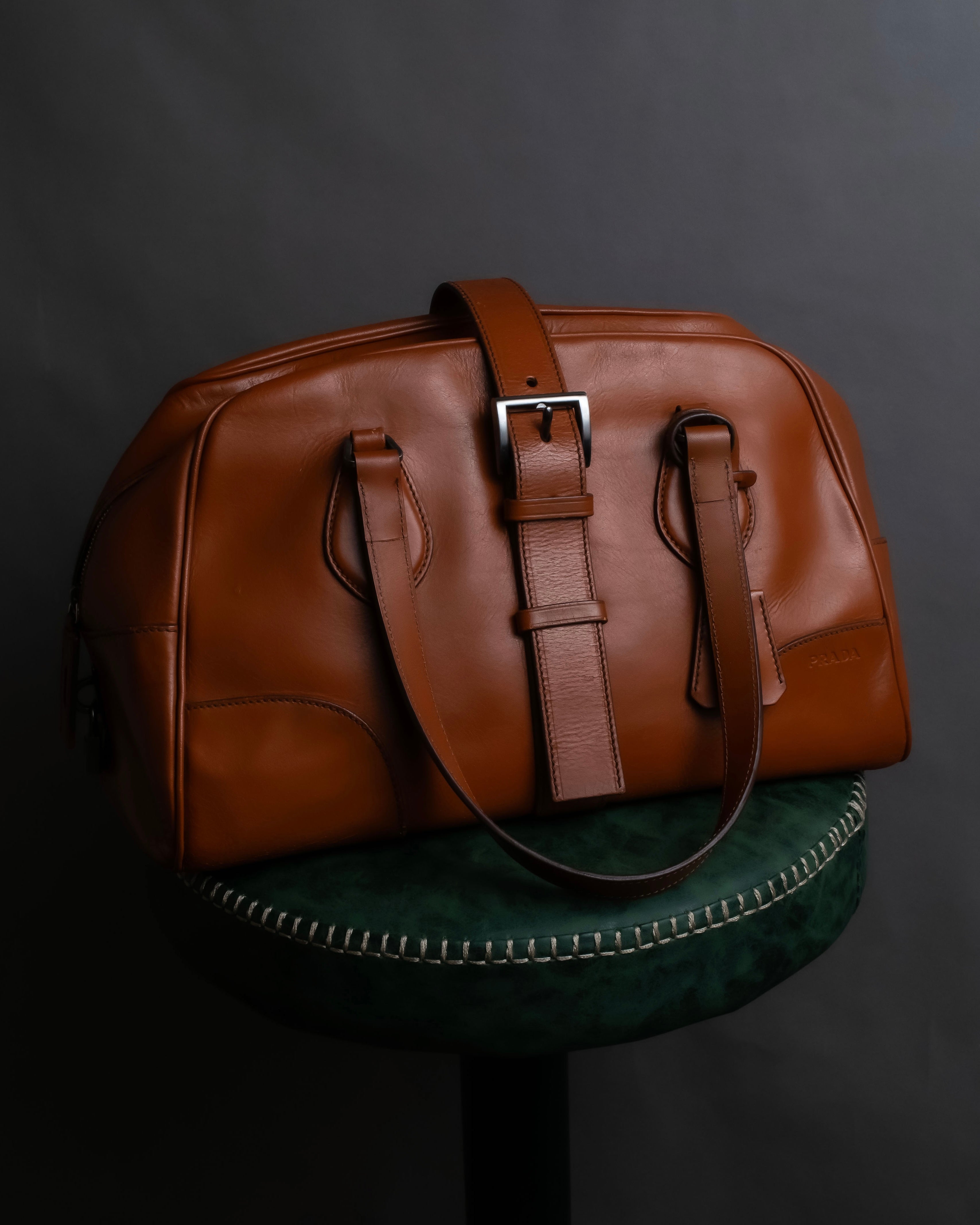 "PRADA" Belt flap detail rounded boston leather bag