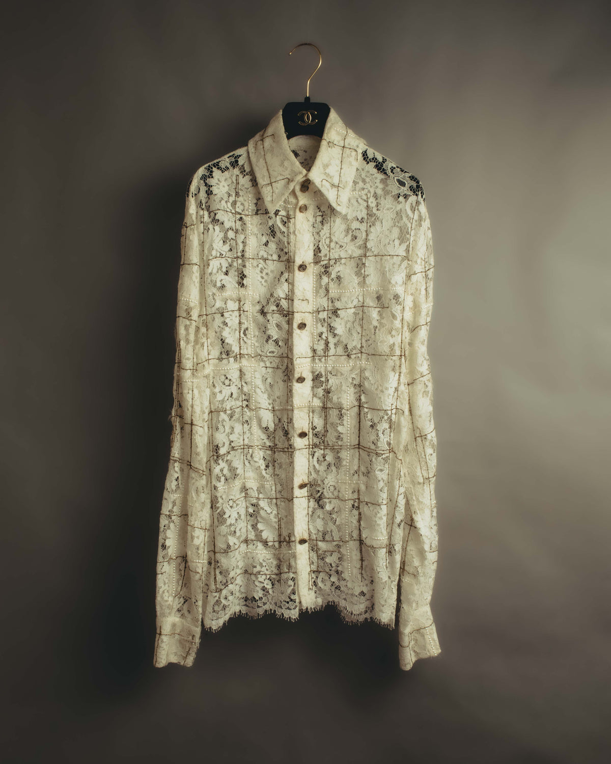 -SPECIAL- "CHANEL" 10's-20's Embellished floral lace and pearl check oversized shirt