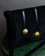 "YVES SAINT LAURENT" Gold medallion motif design suede leather shoulder bag