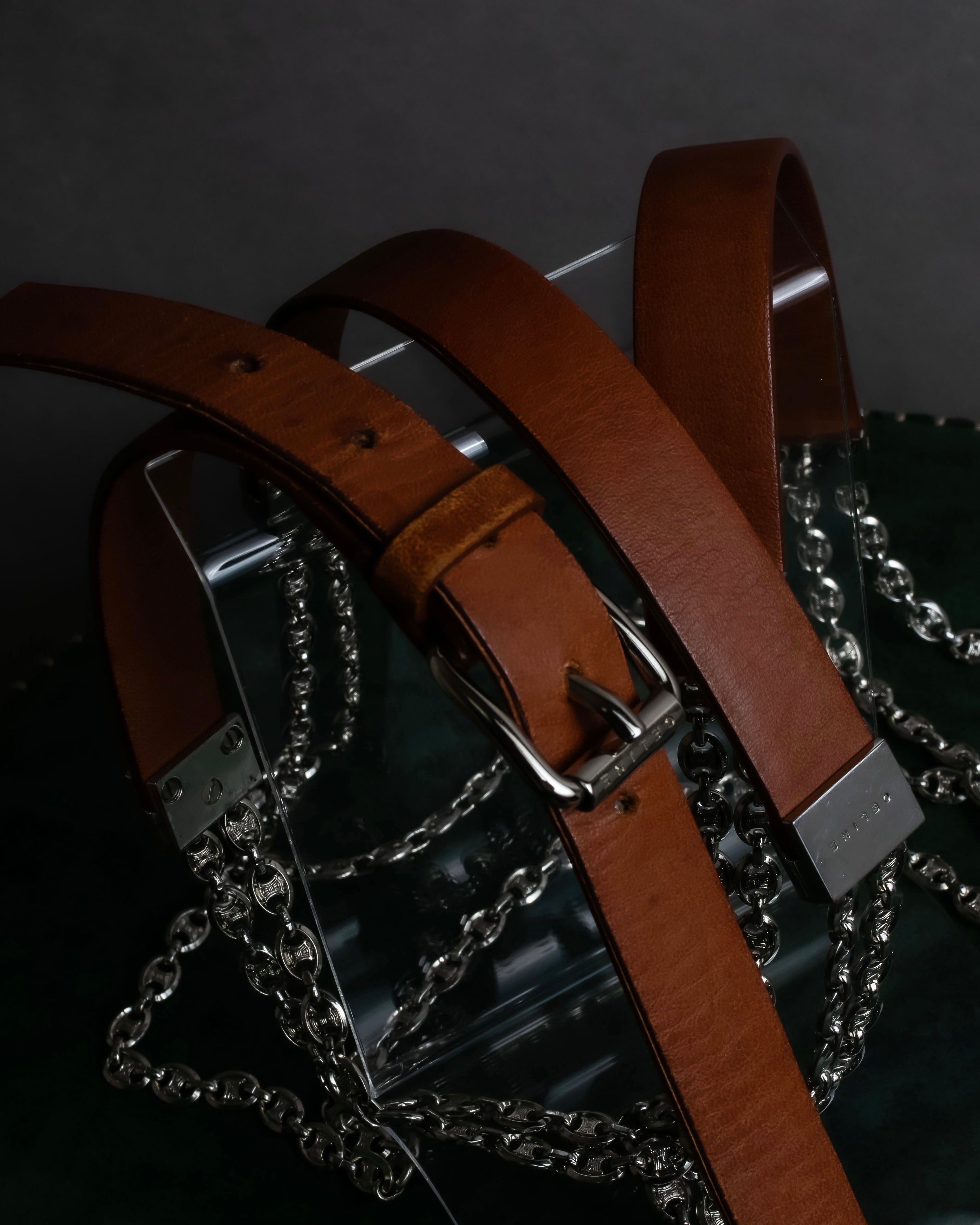 "CELINE" Oval link chain design leather combination belt