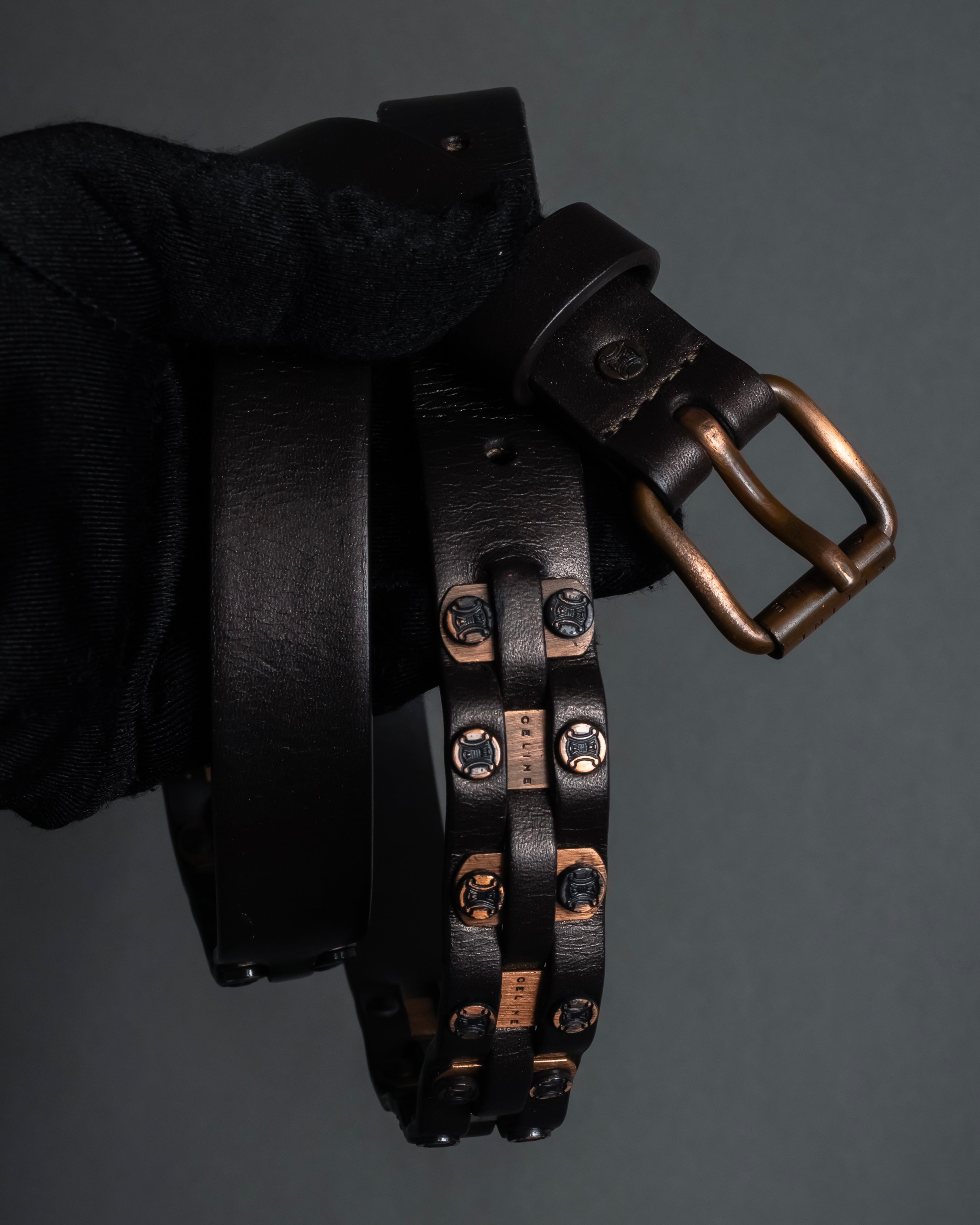 "CELINE" Triomphe motif stud design leather narrow belt