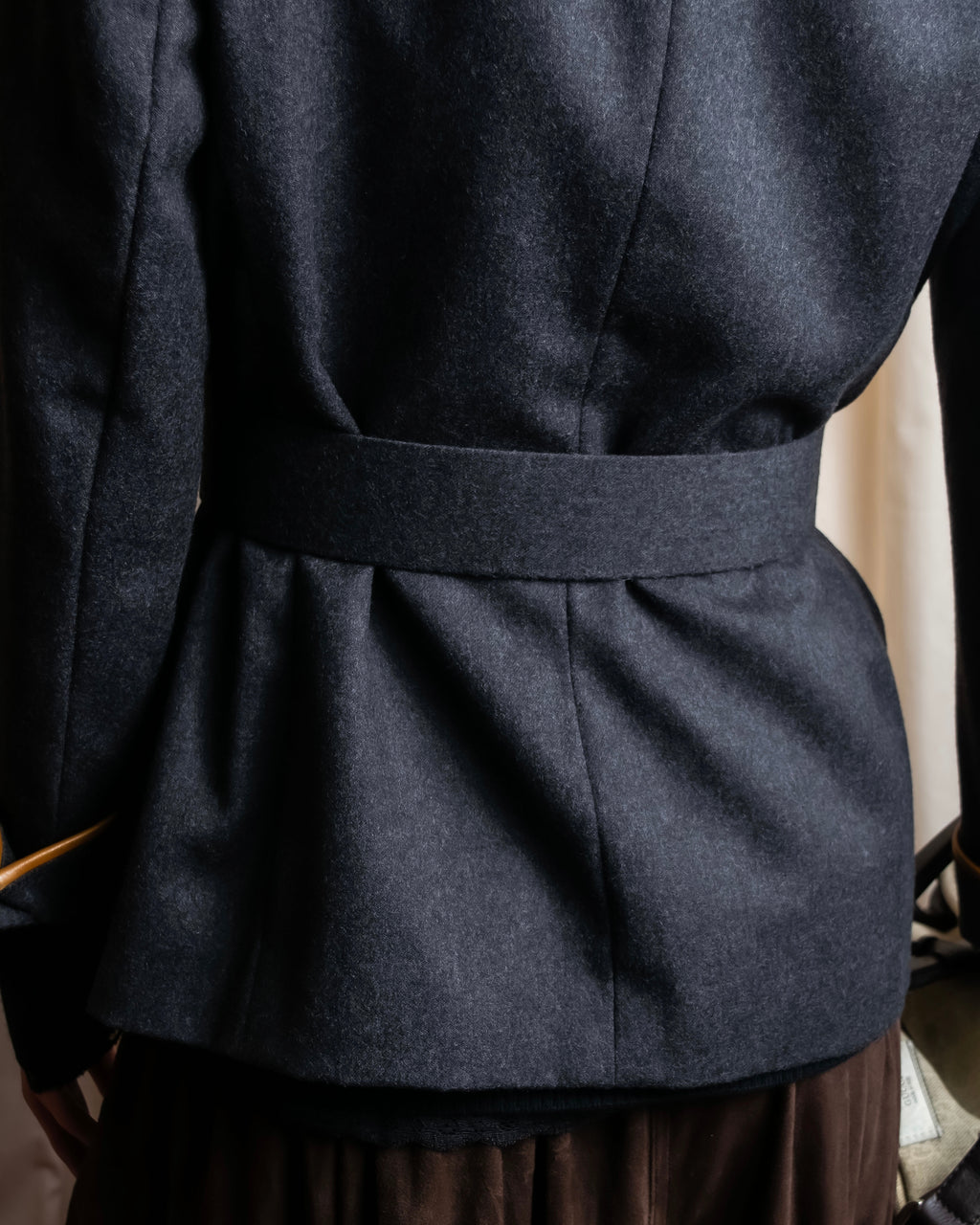 "HERMES" Vintage leather piping design belted tailored jacket