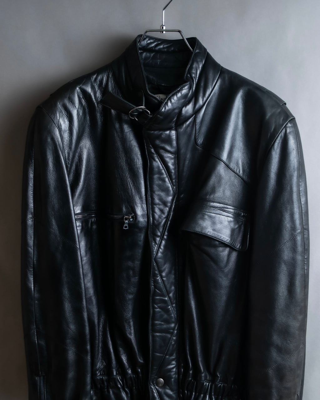 "Claude Montana" Drawcord detail stand-up collar leather blouson