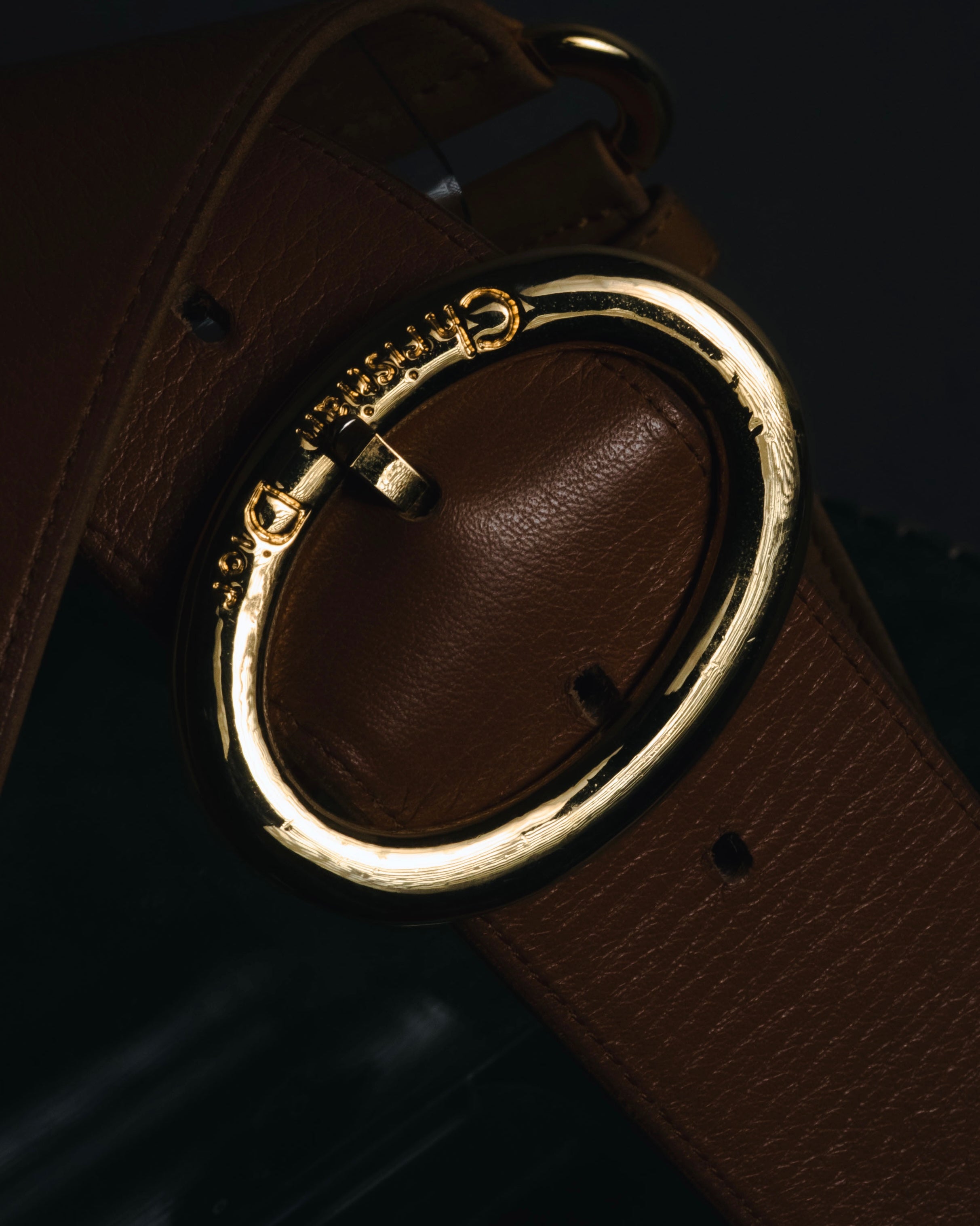 "Christian Dior" 98’s-05’s Wide grained oval logo buckle leather belt