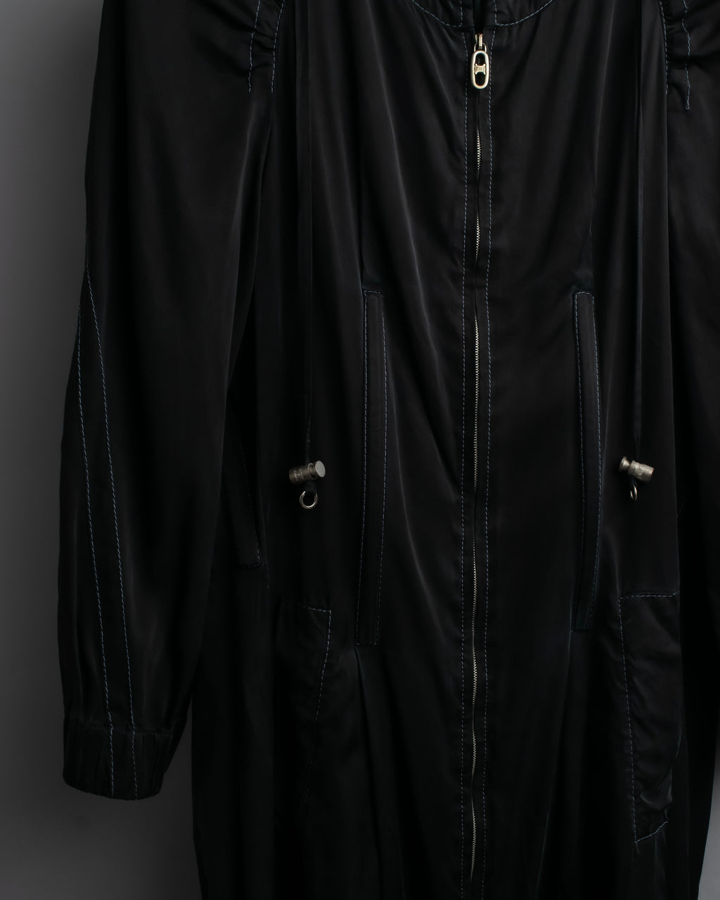 "CELINE" Gathered design hooded double zipper dress