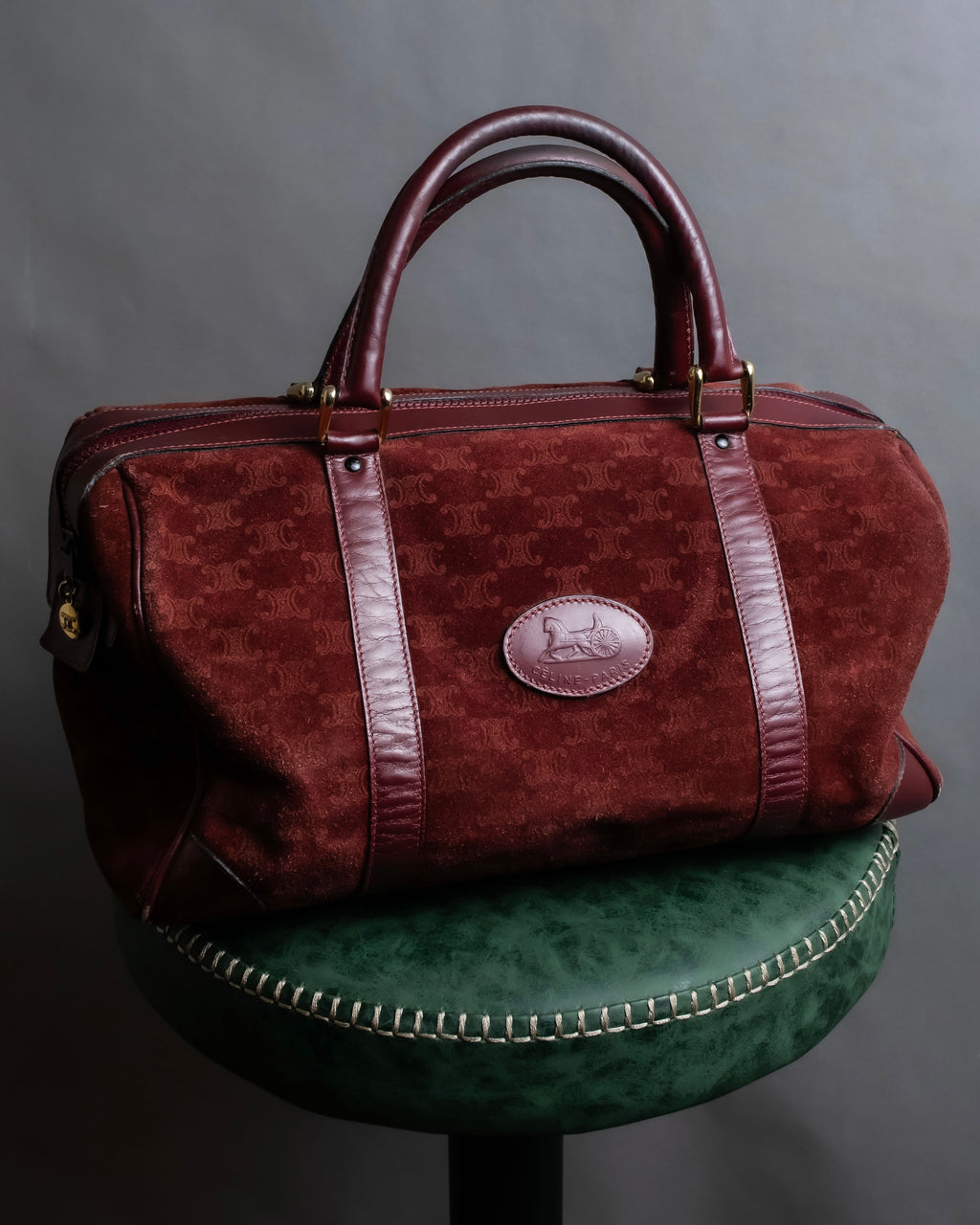"CELINE" Triomphe motif Bordeaux color suede boston bag