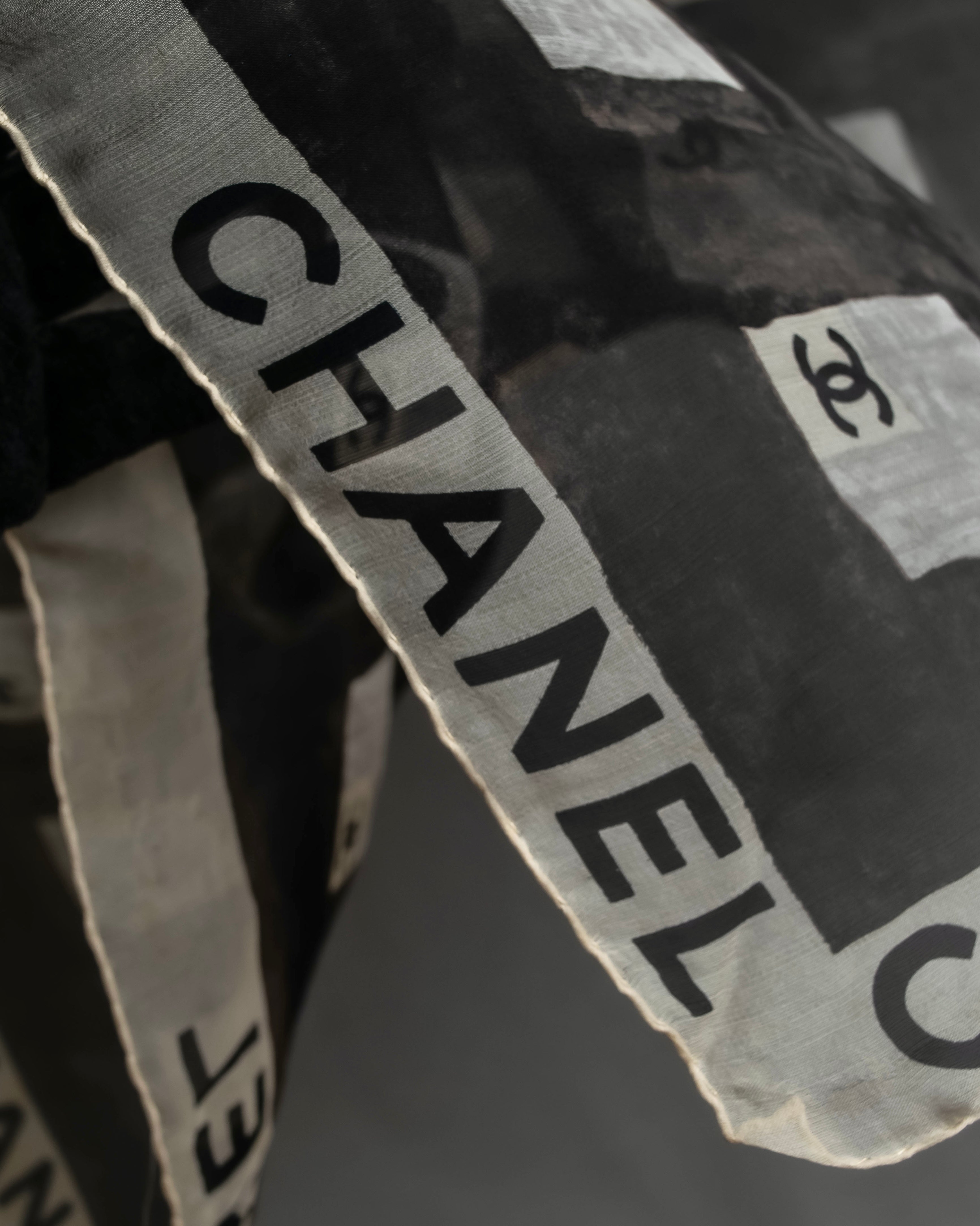 "CHANEL" Coco mark grid pattern silk scarf