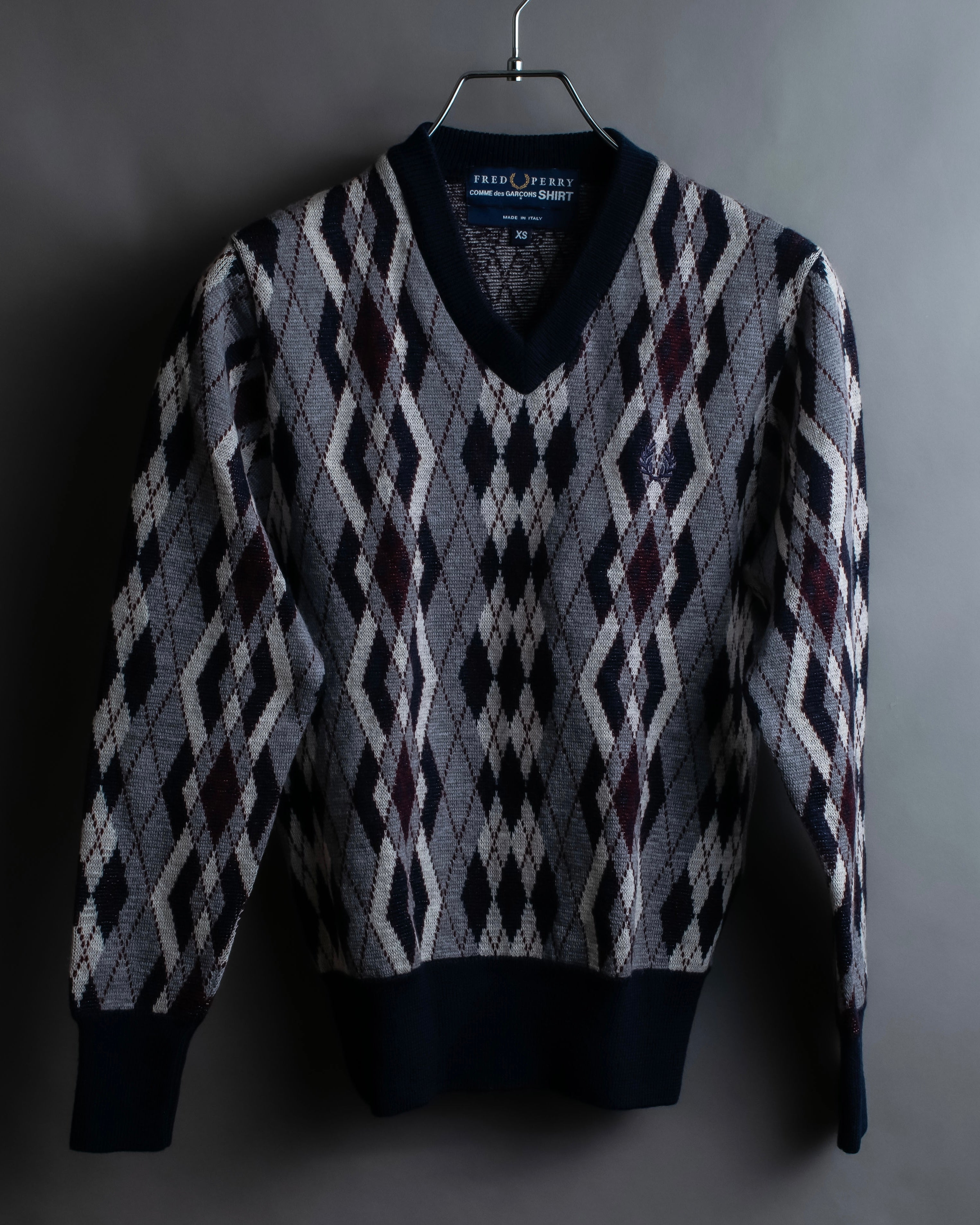 "COMME des GARCONS SHIRT × FRED PERRY" Argyle pattern box silhouette wool knit