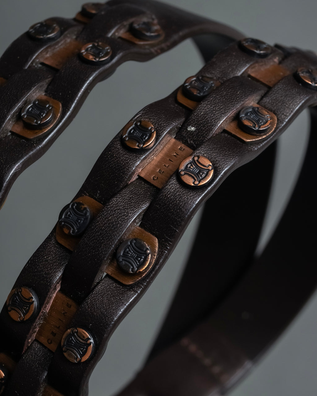 "CELINE" Triomphe motif stud design leather narrow belt