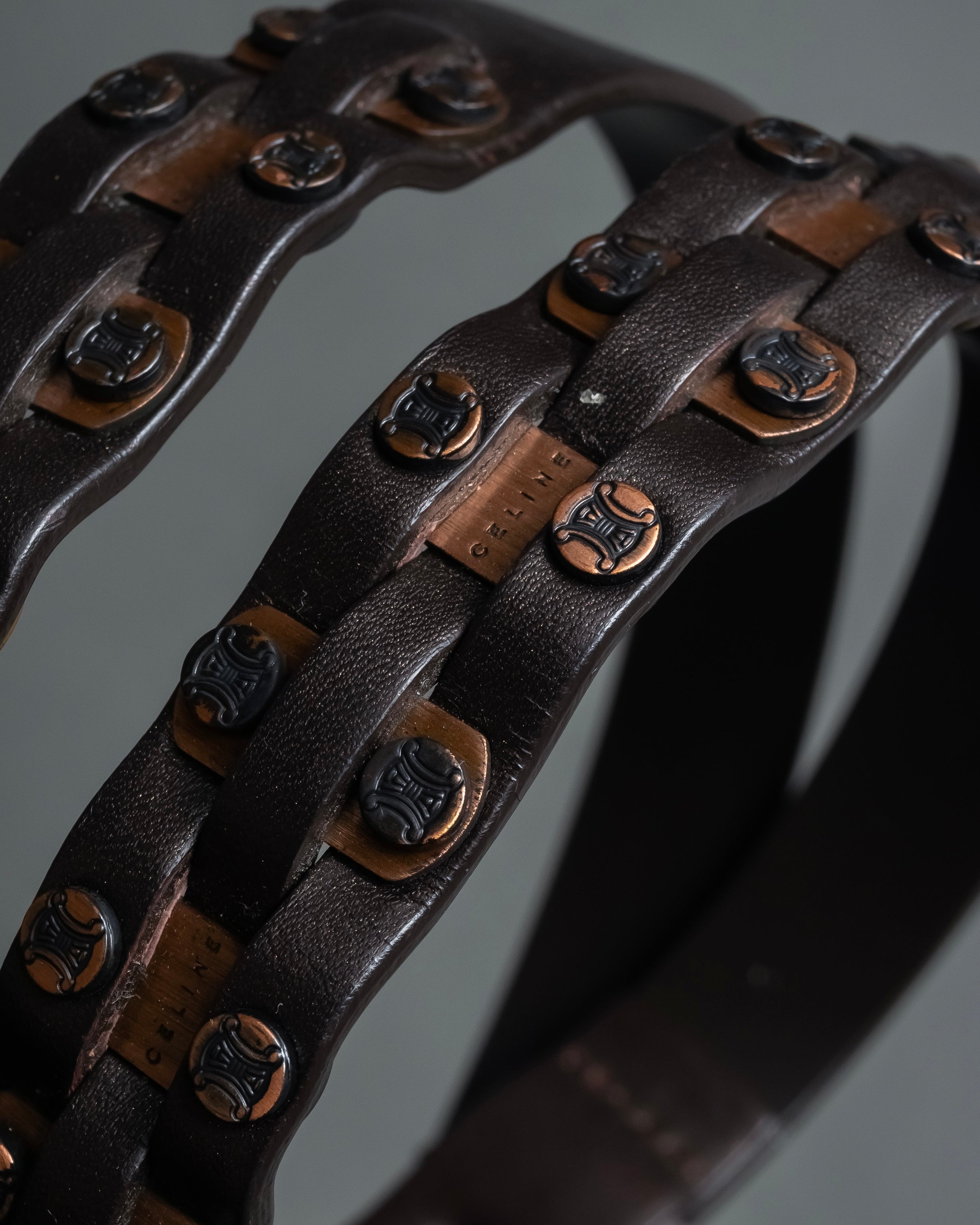 "CELINE" Triomphe motif stud design leather narrow belt