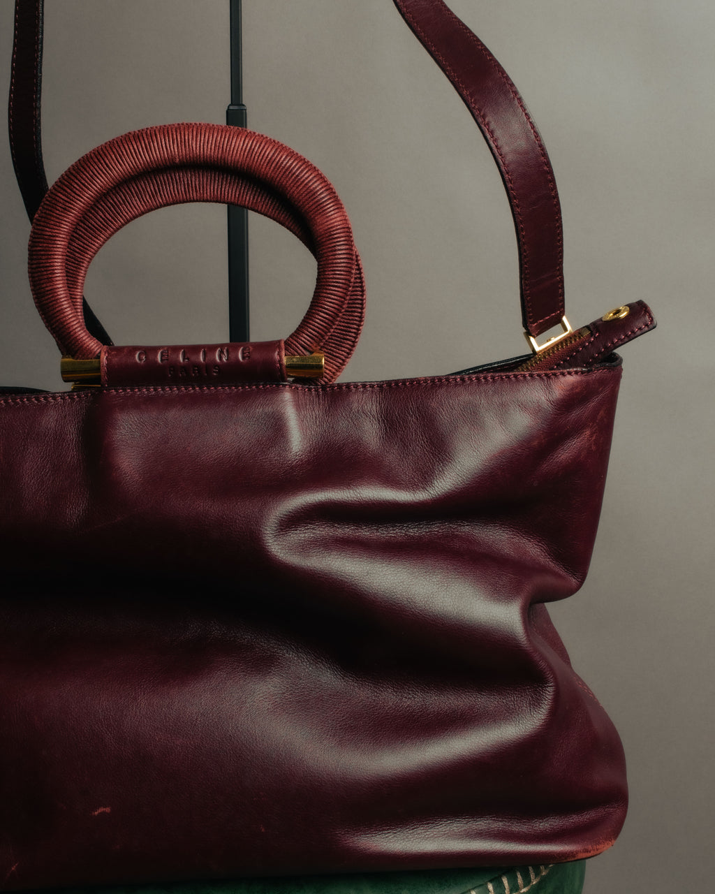 “CELINE” 90’s-00’s Burgundy leather ring handle tote bag