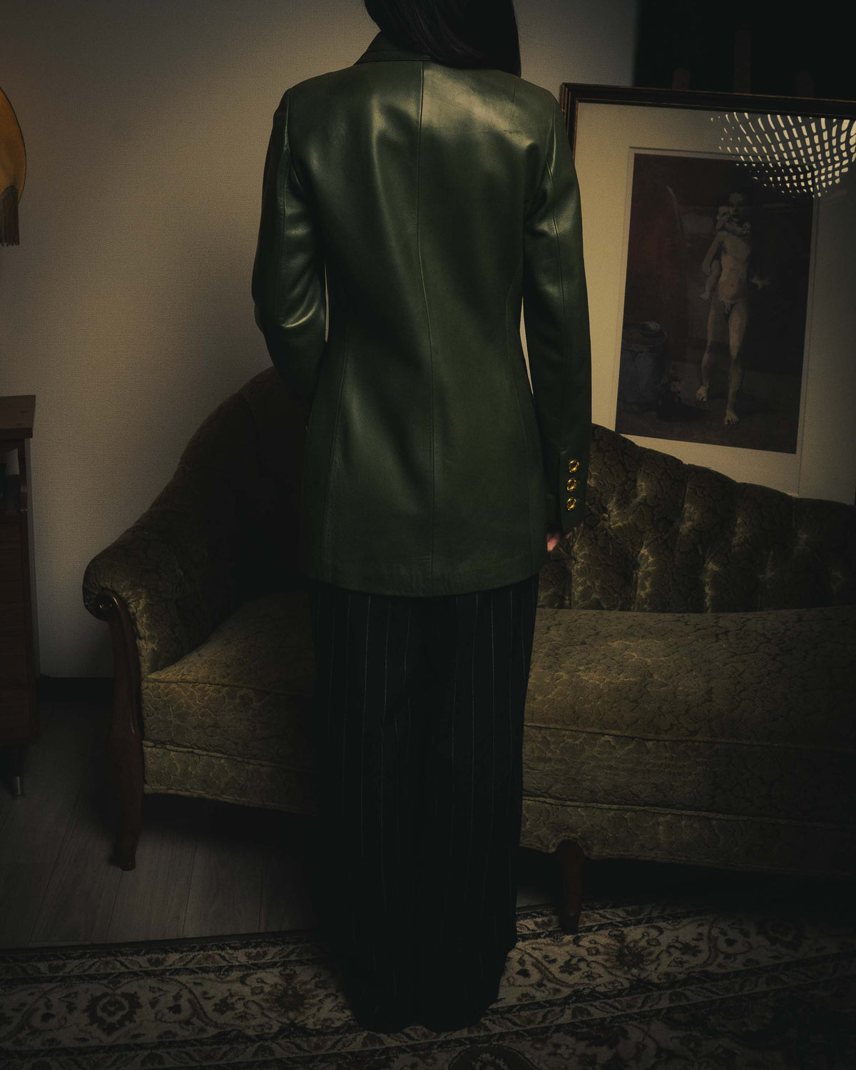 -SPECIAL- “LOEWE” 80’s-90’s Gold buttoned olive leather double-breasted tailored jacket
