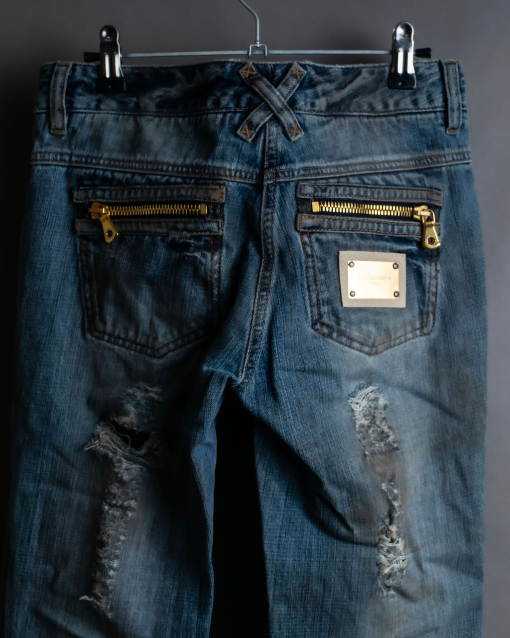 "Dolce & Gabbana" Gold zip detail distressed straight denim