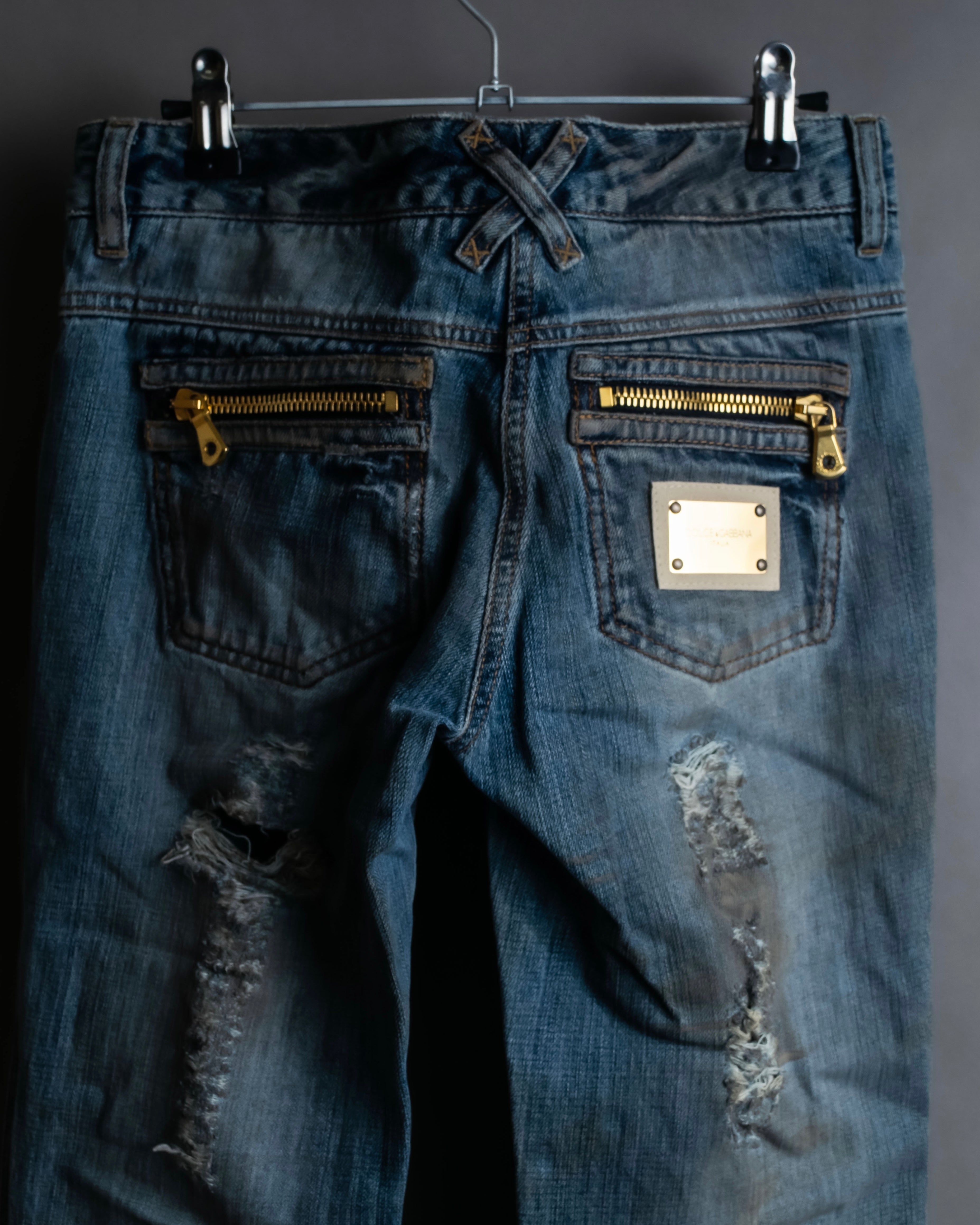 "Dolce & Gabbana" Gold zip detail distressed straight denim
