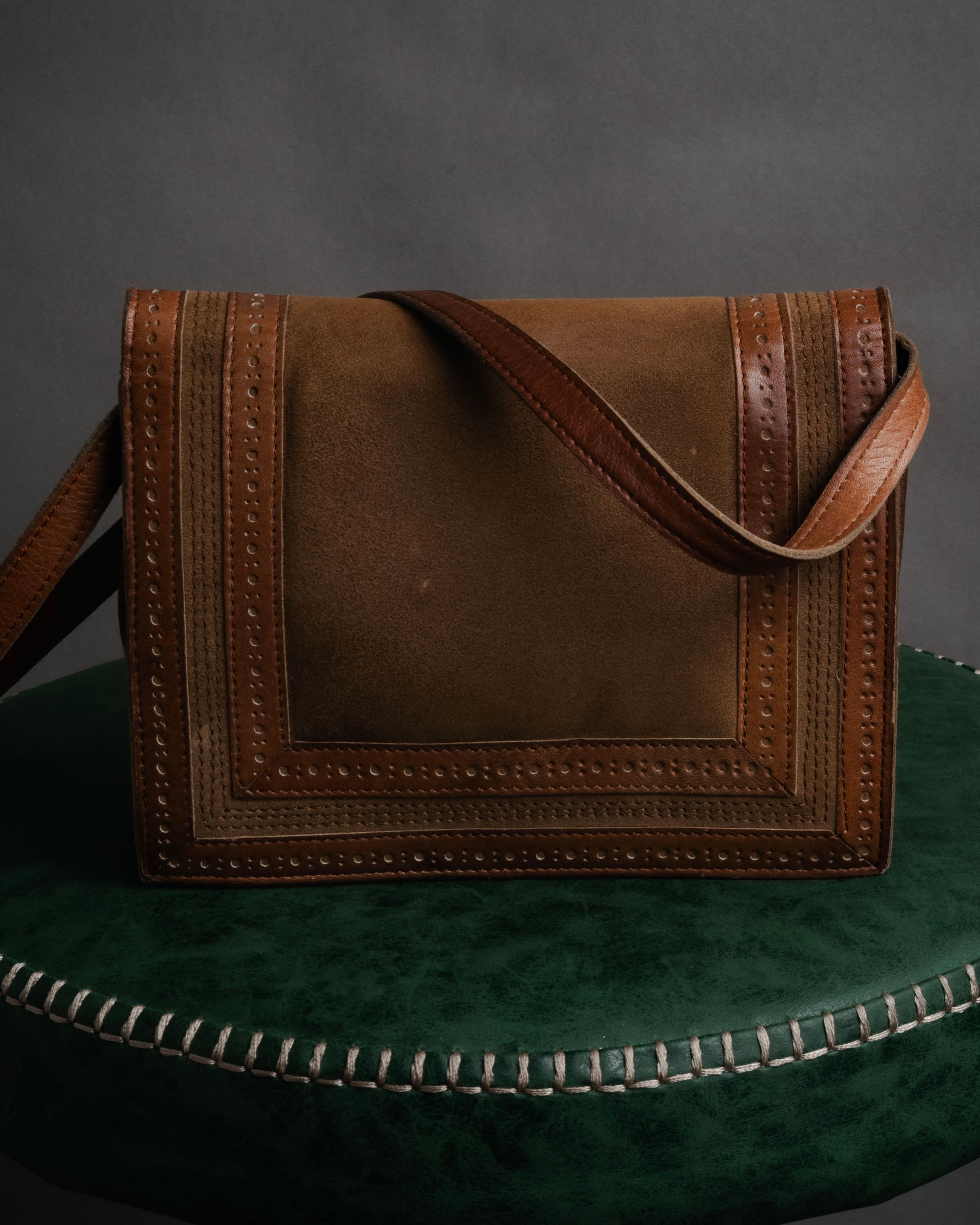 “YVES SAINT LAURENT” 70’s-80’s Brogued suede flap shoulder bag