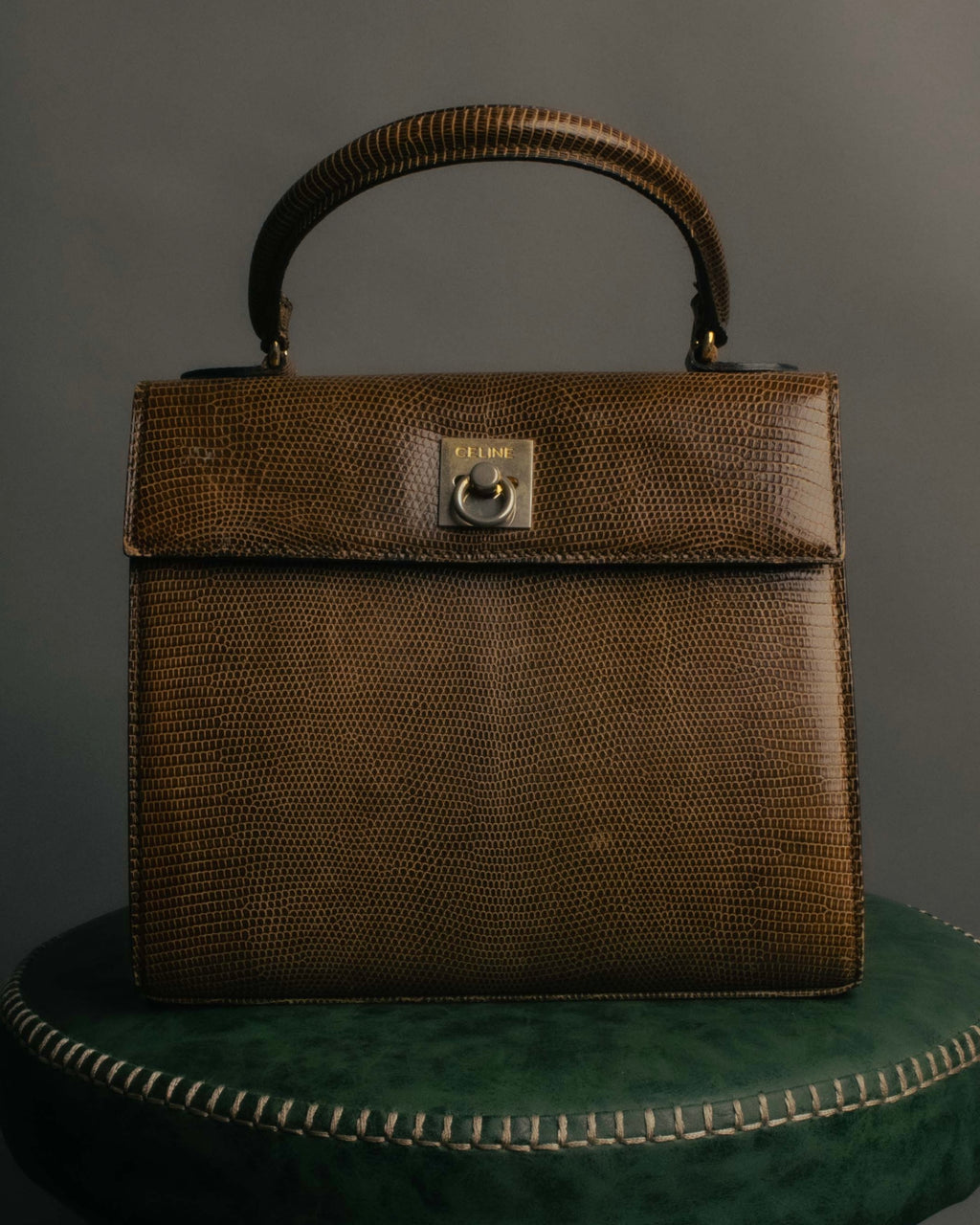"CELINE" 70's-80's Structured lizard embossed leather top handle handbag