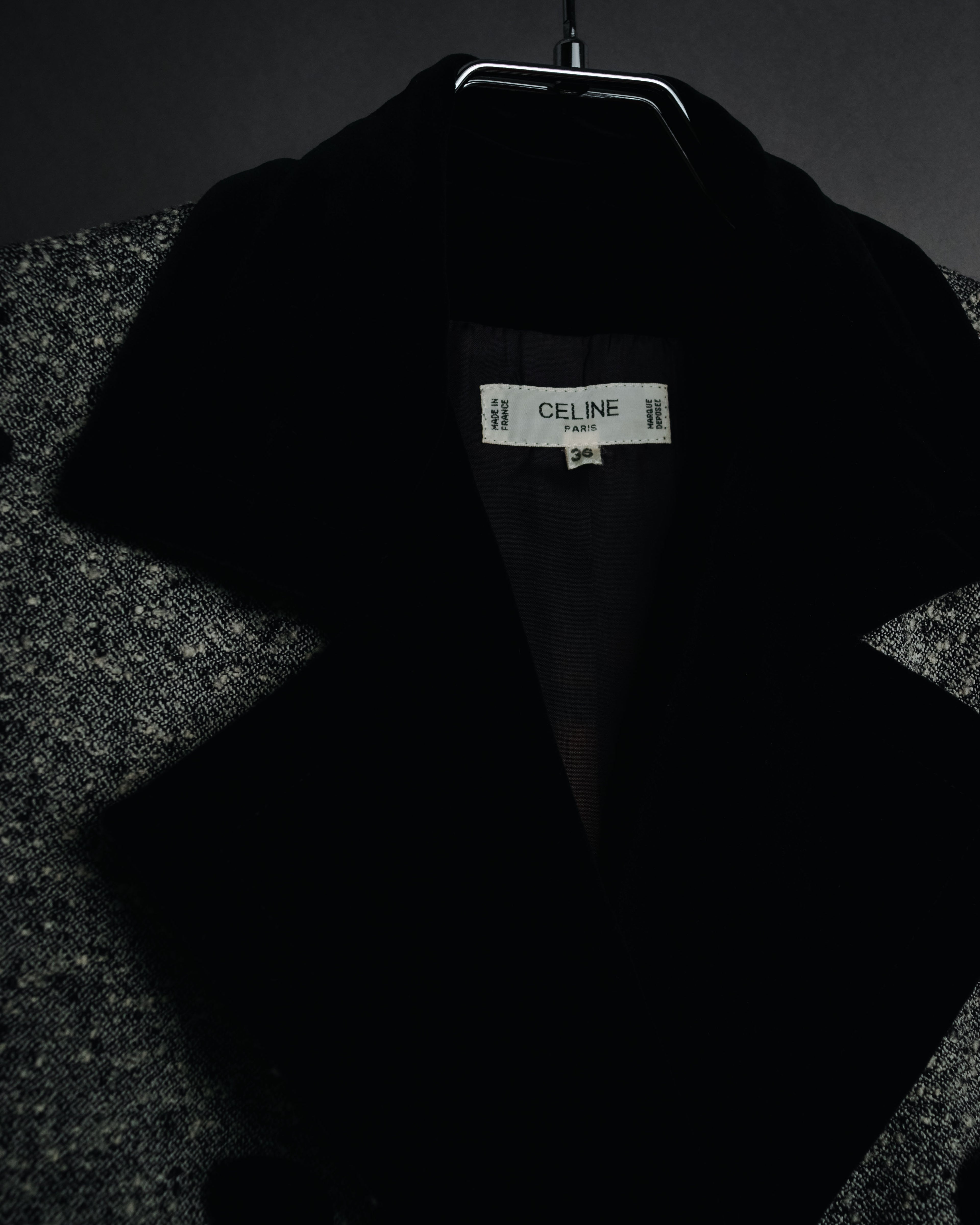 –SPECIAL– "CELINE" 70’s-80’s Classic tweed velvet-collar long coat