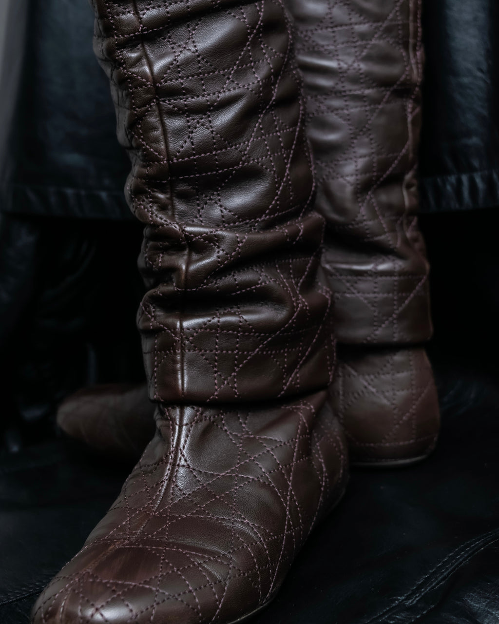 “Christian Dior” Brown Cannage leather long boots