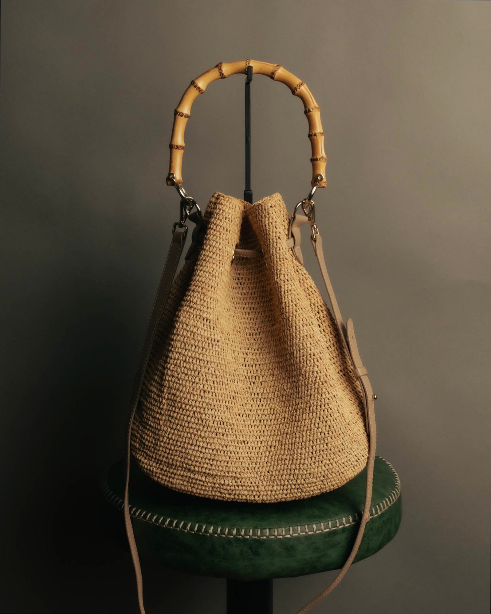 “Heidi Klein” Natural raffia bamboo handle bucket bag
