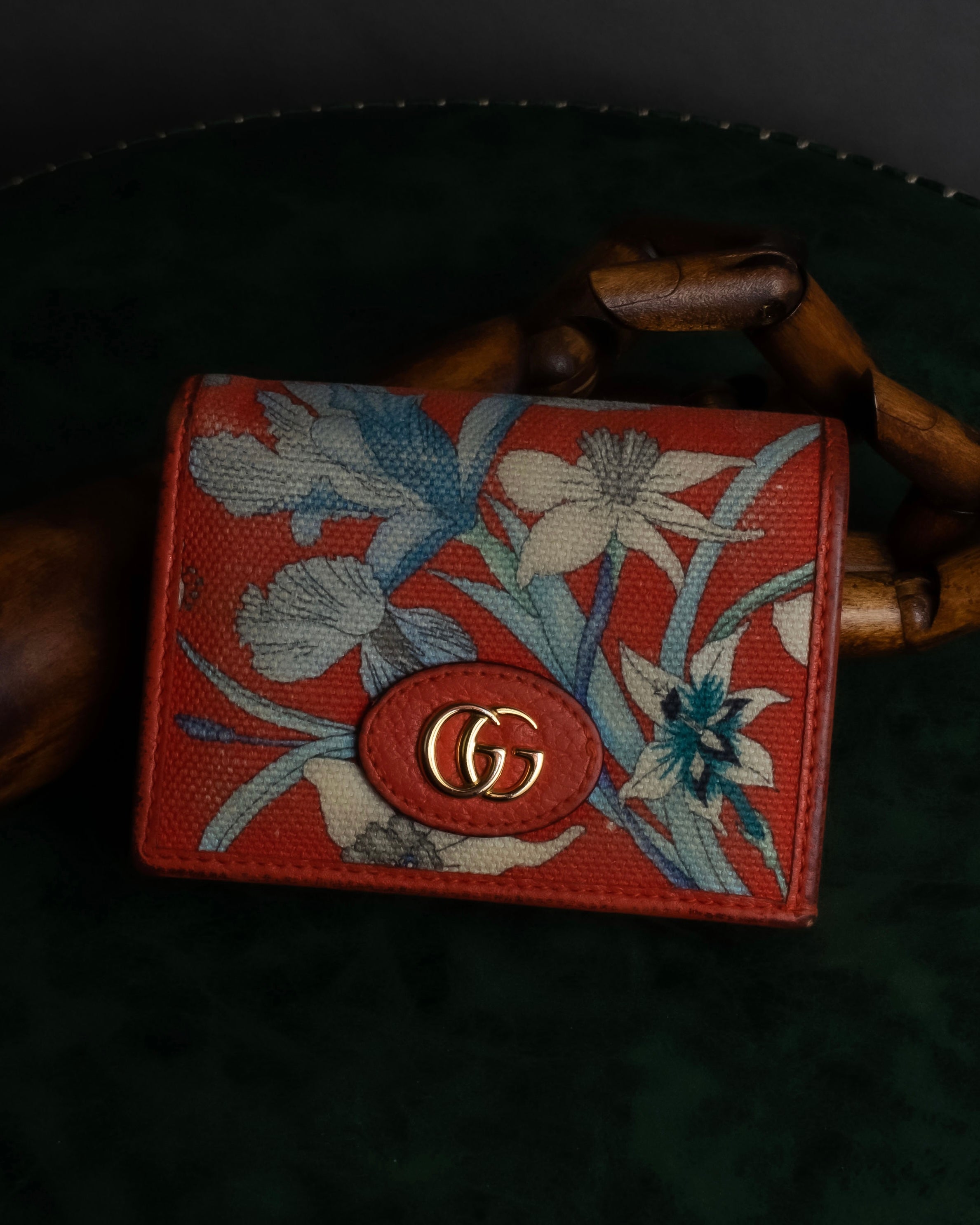 "GUCCI" Botanical pattern double G motif leather bifold wallet