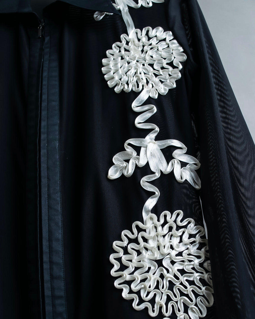 Vintage double zip ribbon flower design sheer jacket